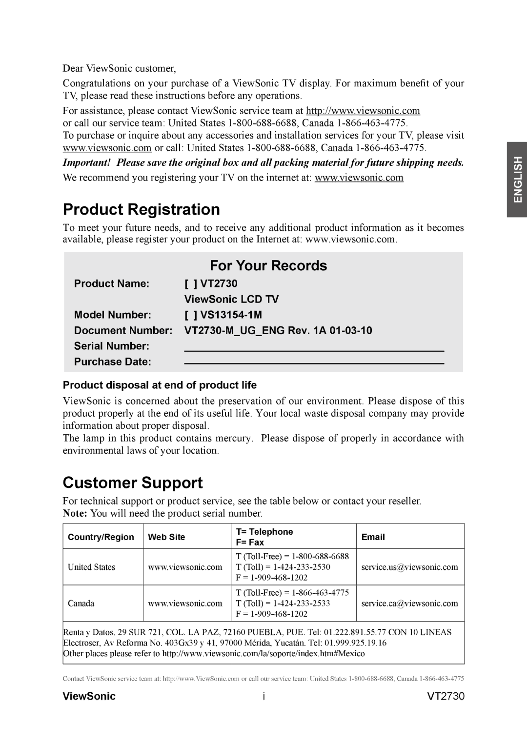 ViewSonic VT2730 warranty Product Registration, Customer Support, ViewSonic 