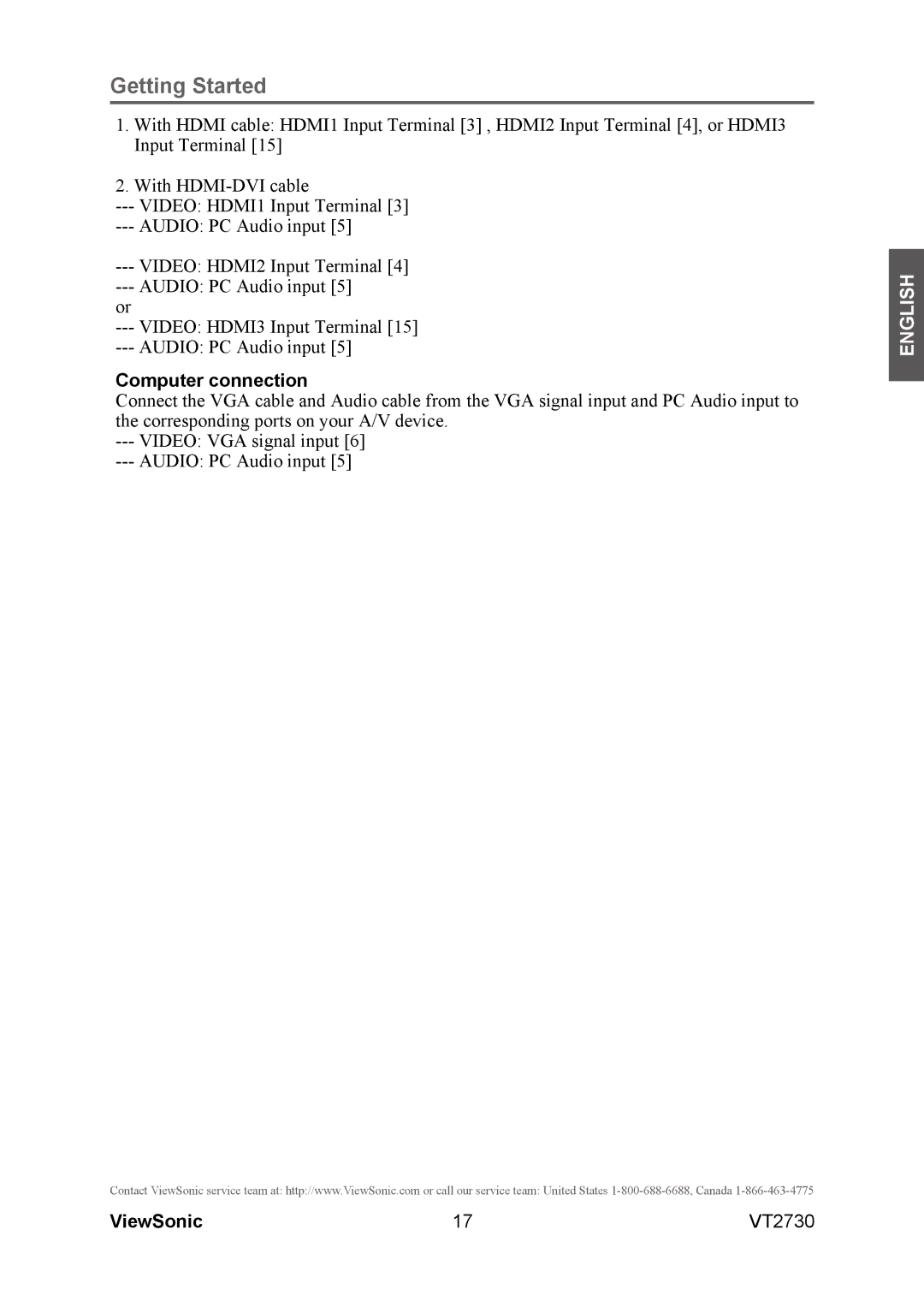 ViewSonic VT2730 warranty Computer connection 