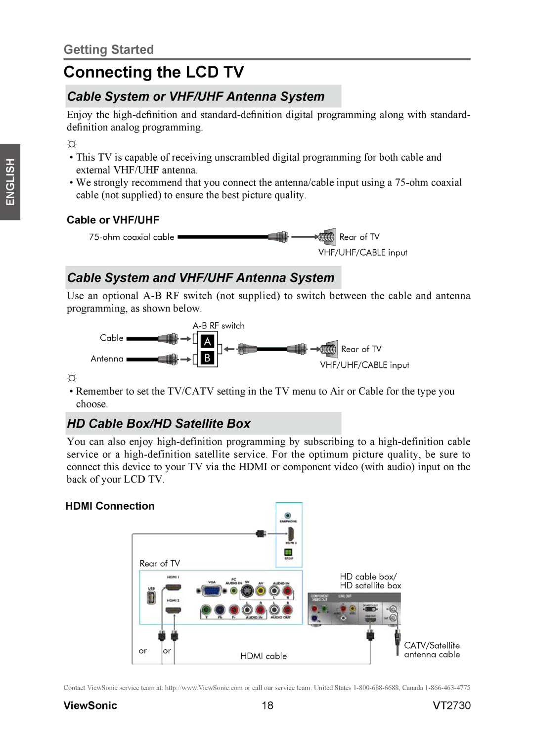 ViewSonic VT2730 Connecting the LCD TV, Cable System or VHF/UHF Antenna System, Cable System and VHF/UHF Antenna System 