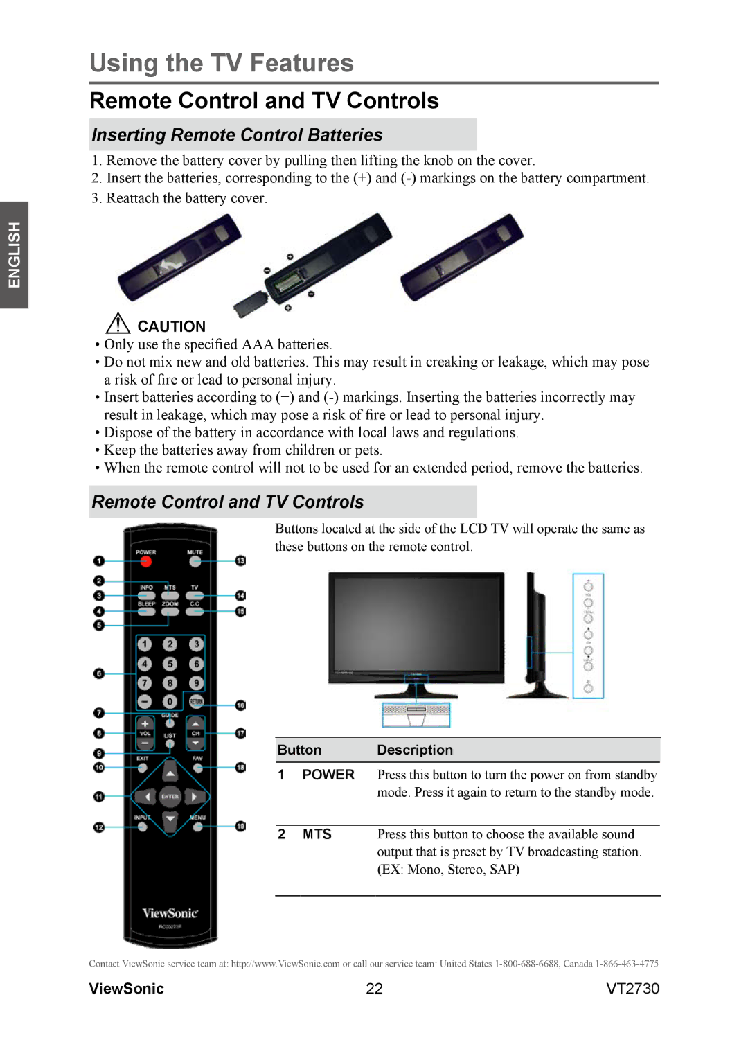 ViewSonic VT2730 warranty Remote Control and TV Controls, Inserting Remote Control Batteries, Button Description 