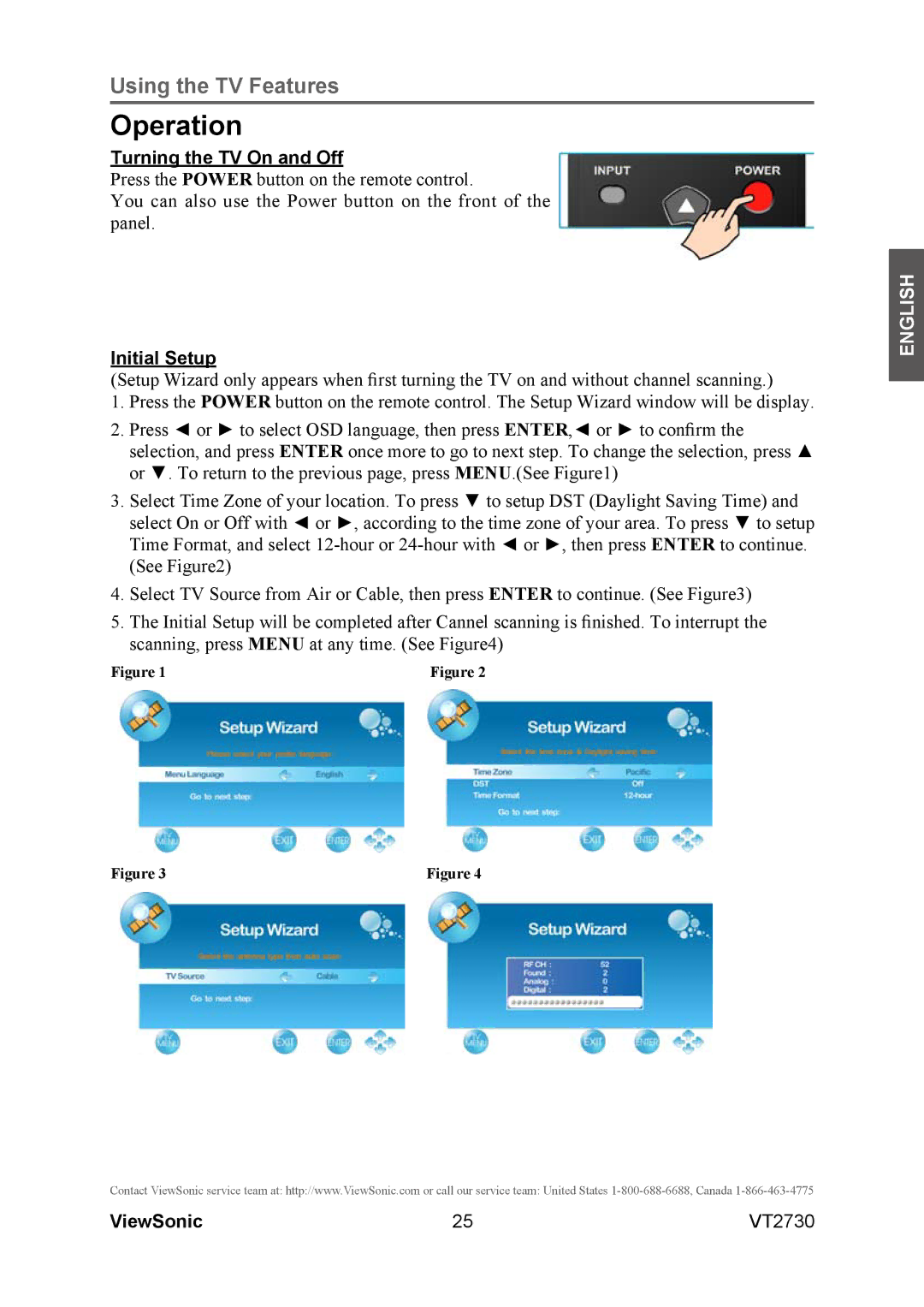 ViewSonic VT2730 warranty Operation, Turning the TV On and Off, Initial Setup 
