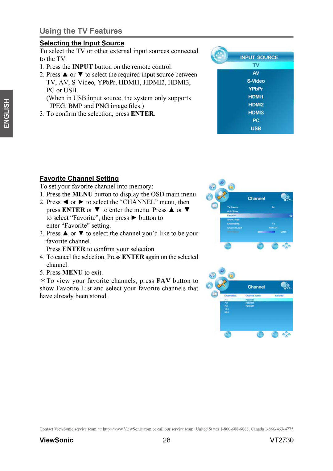 ViewSonic VT2730 warranty Selecting the Input Source, Favorite Channel Setting 