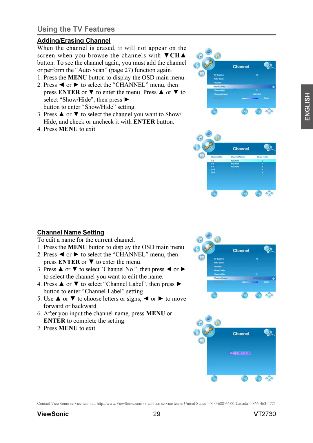 ViewSonic VT2730 warranty Adding/Erasing Channel, Channel Name Setting 