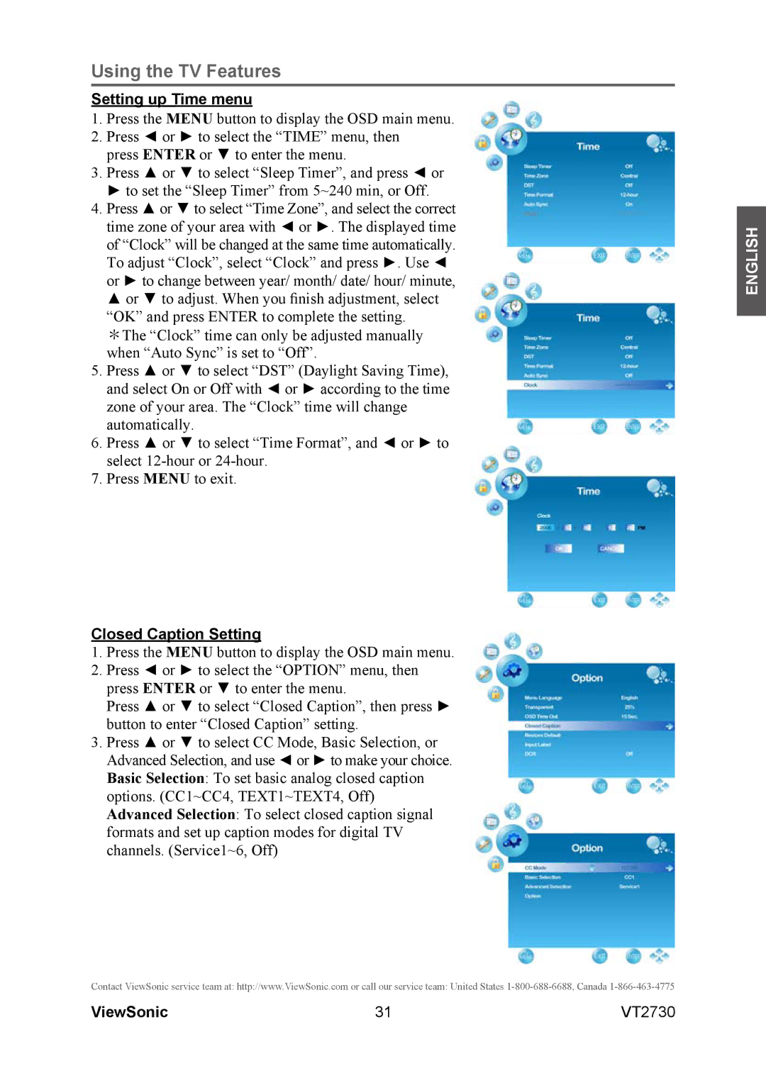 ViewSonic VT2730 warranty Setting up Time menu, Closed Caption Setting 