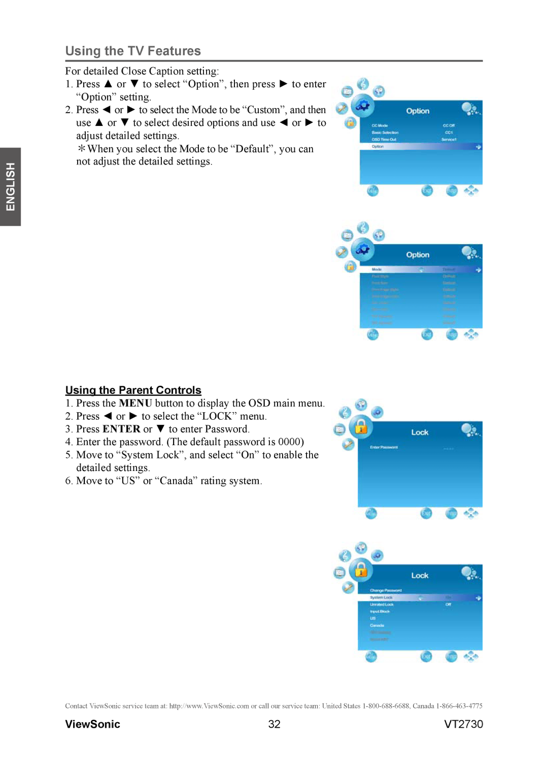 ViewSonic VT2730 warranty Using the Parent Controls 