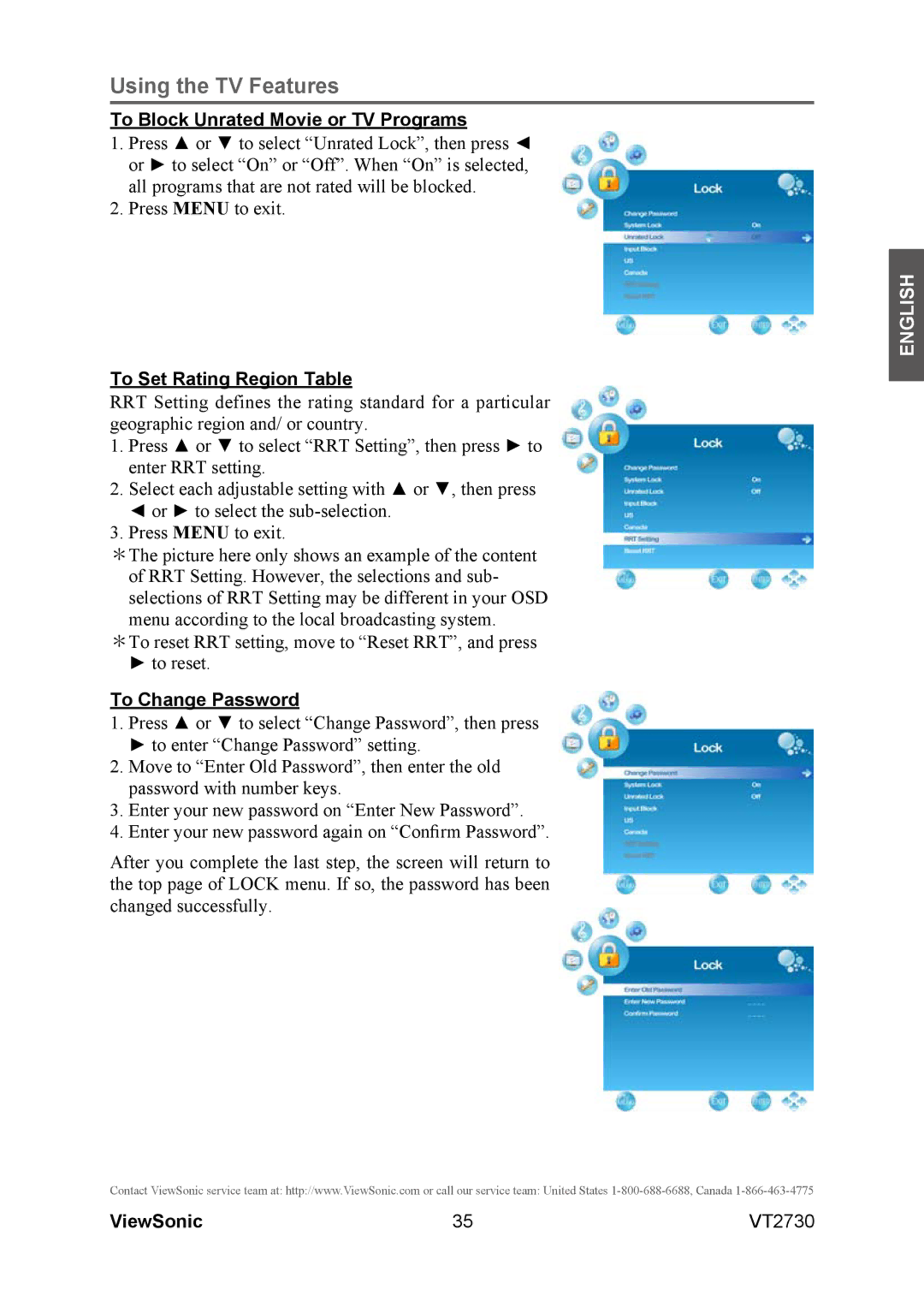 ViewSonic VT2730 warranty To Block Unrated Movie or TV Programs, To Set Rating Region Table, To Change Password 