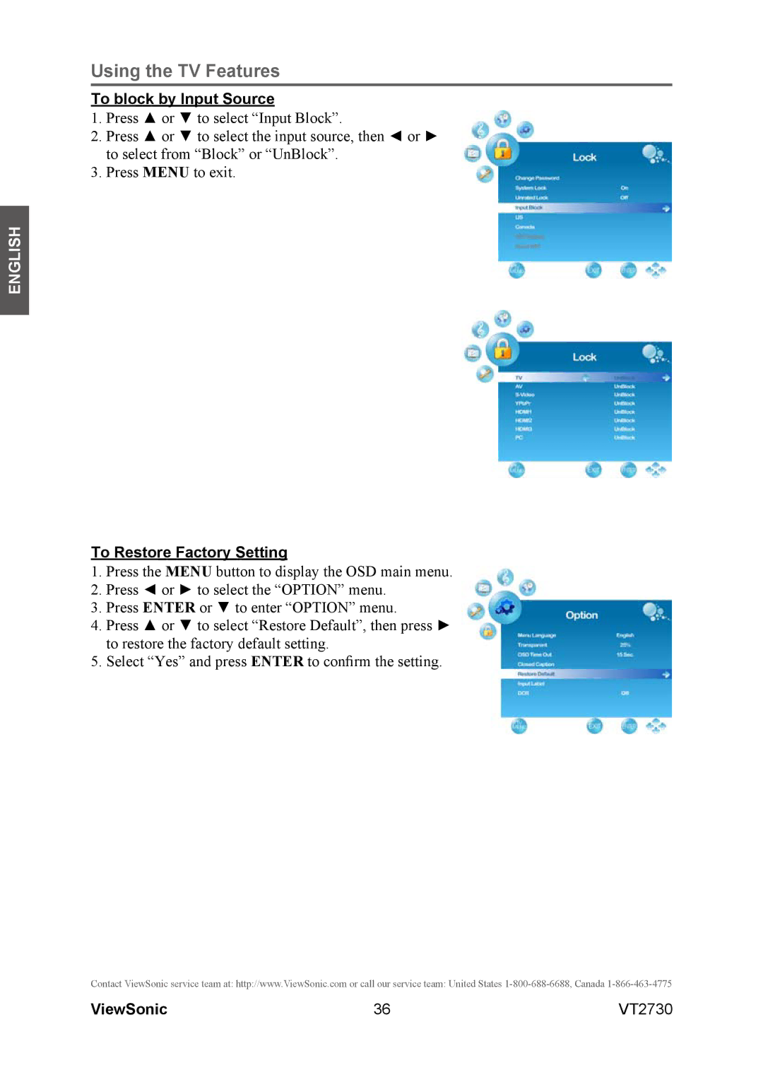 ViewSonic VT2730 warranty To block by Input Source, To Restore Factory Setting 