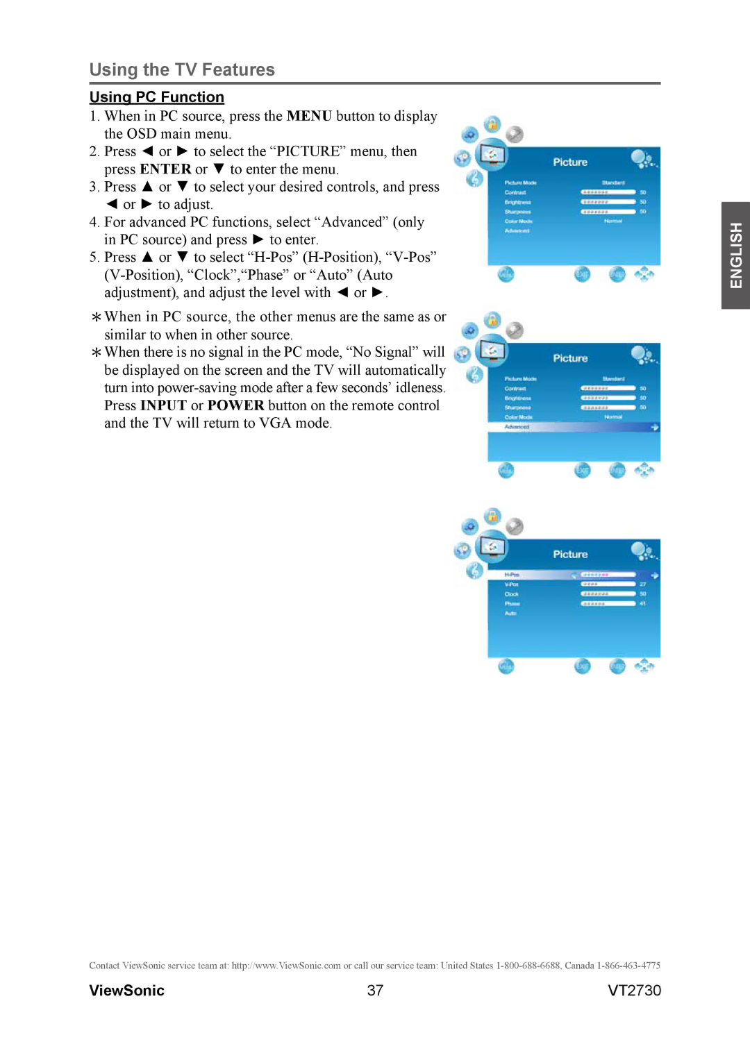 ViewSonic VT2730 warranty Using PC Function 