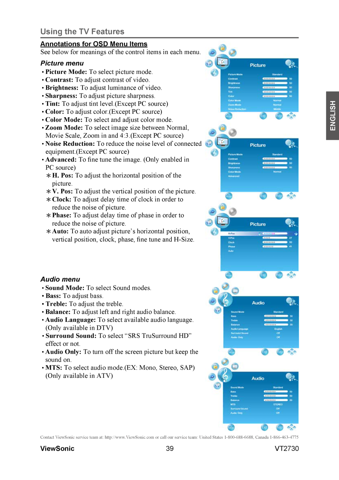 ViewSonic VT2730 warranty Annotations for OSD Menu Items, Picture menu 