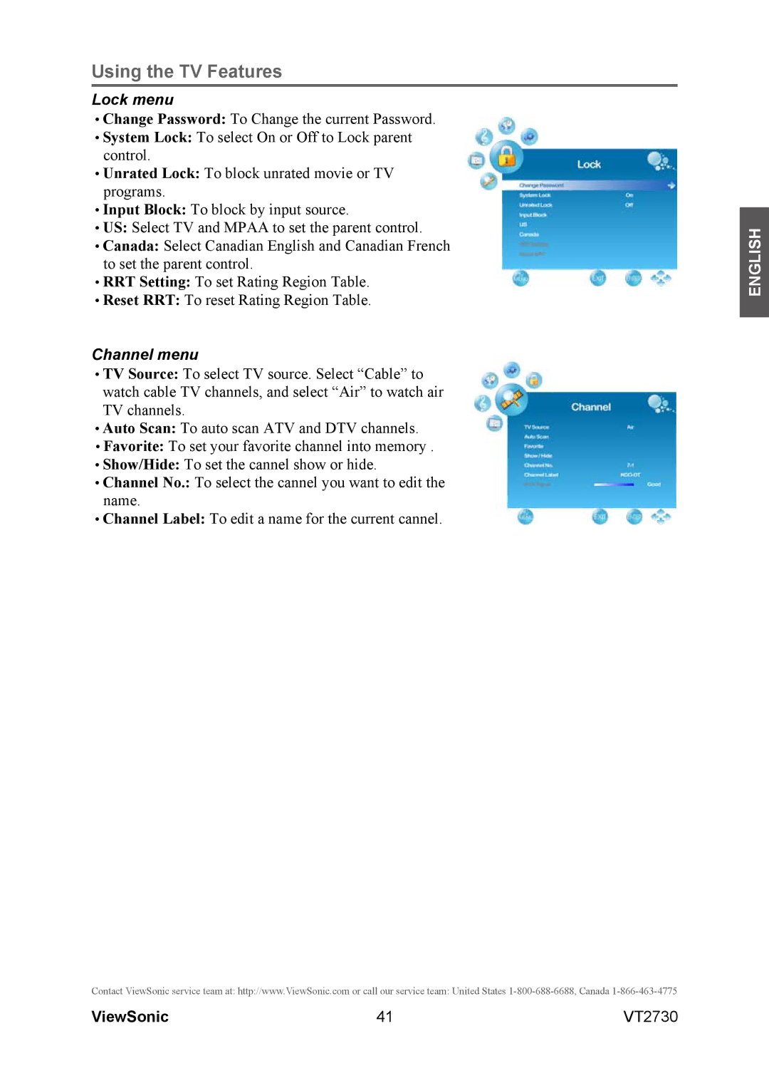 ViewSonic VT2730 warranty Lock menu 