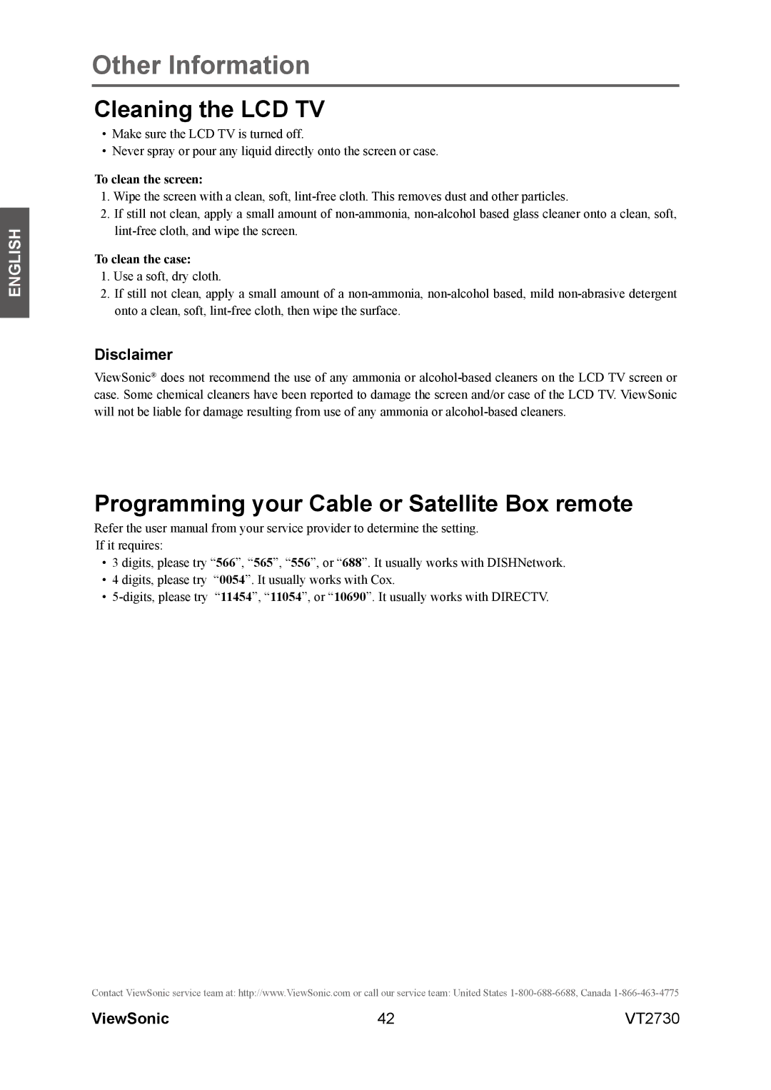 ViewSonic VT2730 warranty Cleaning the LCD TV, Programming your Cable or Satellite Box remote, Disclaimer 