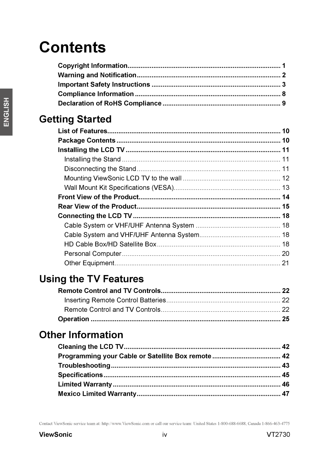 ViewSonic VT2730 warranty Contents 