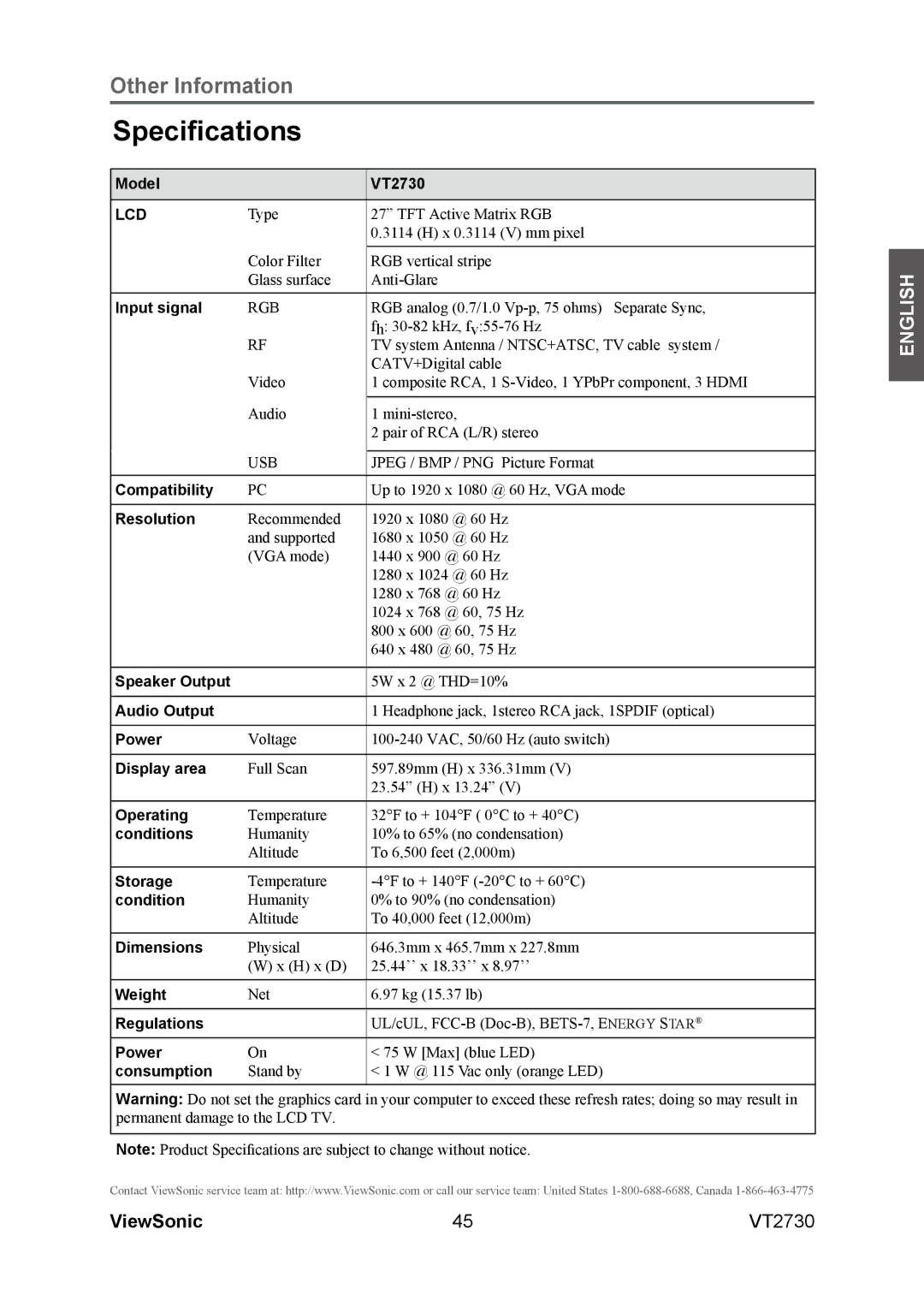 ViewSonic VT2730 warranty Specifications, Lcd 