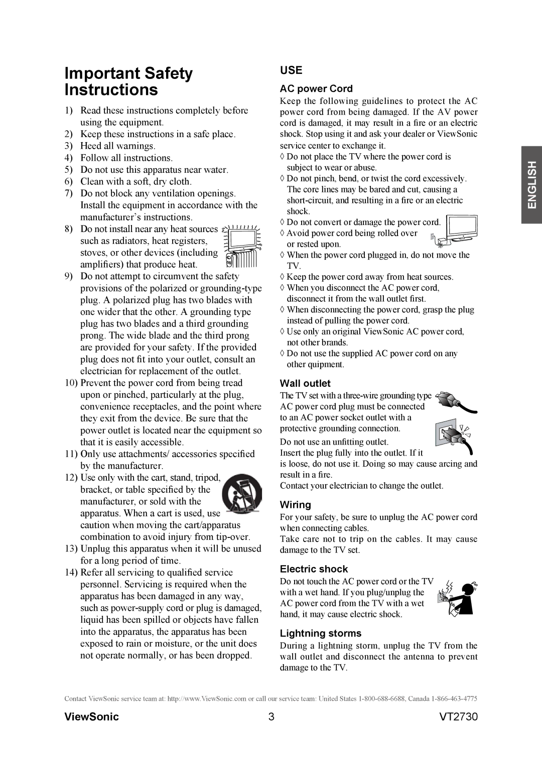 ViewSonic VT2730 warranty Important Safety Instructions, Use 