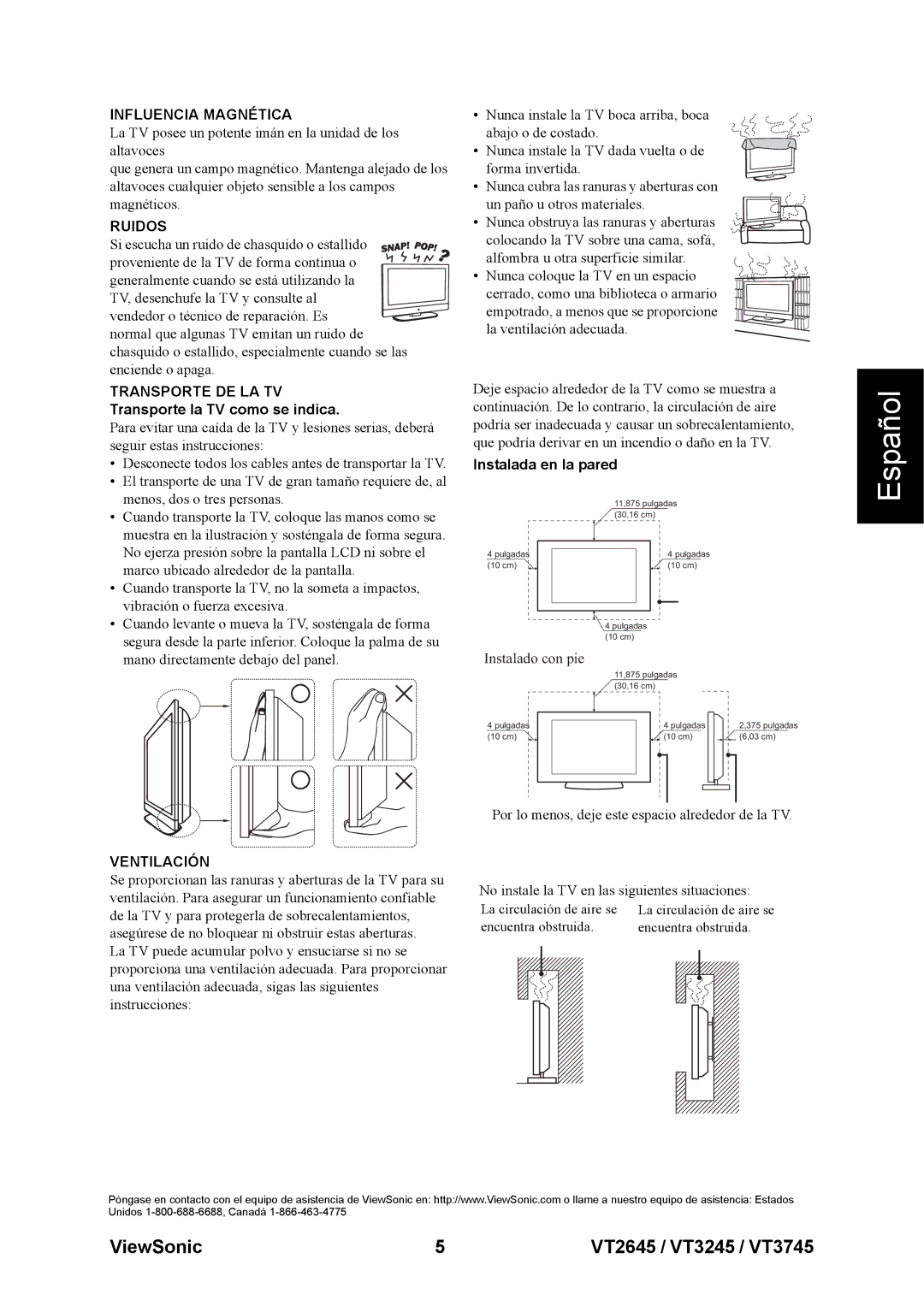 ViewSonic VT3745, VT3245, VT2645 warranty Transporte la TV como se indica, Instalada en la pared 