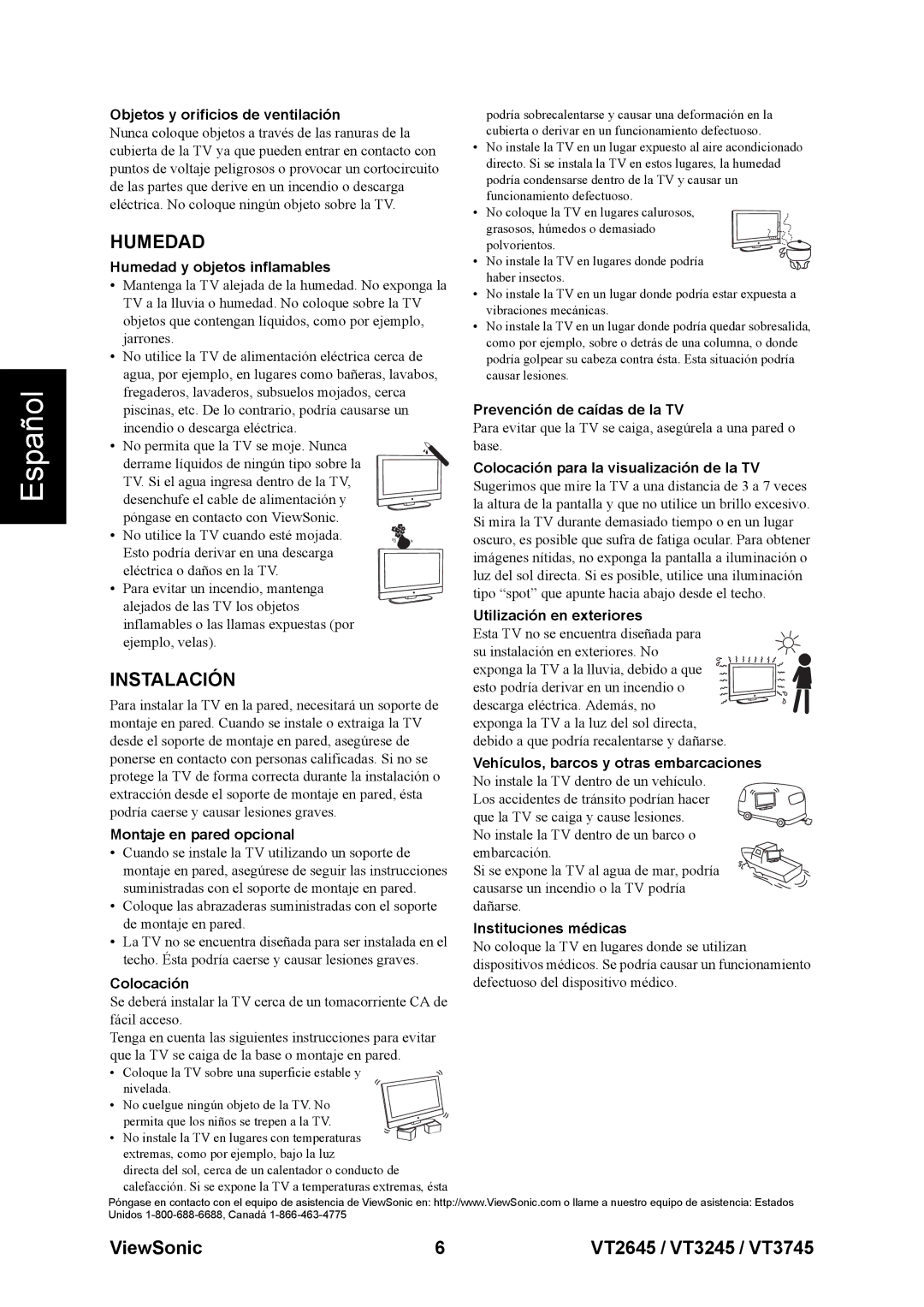 ViewSonic VT3245, VT2645, VT3745 warranty Humedad, Instalación 