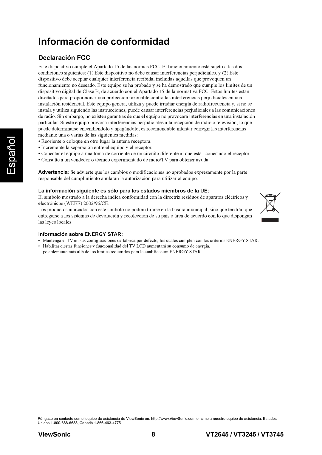 ViewSonic VT3745, VT3245, VT2645 warranty Información de conformidad, Declaración FCC, Información sobre Energy Star 