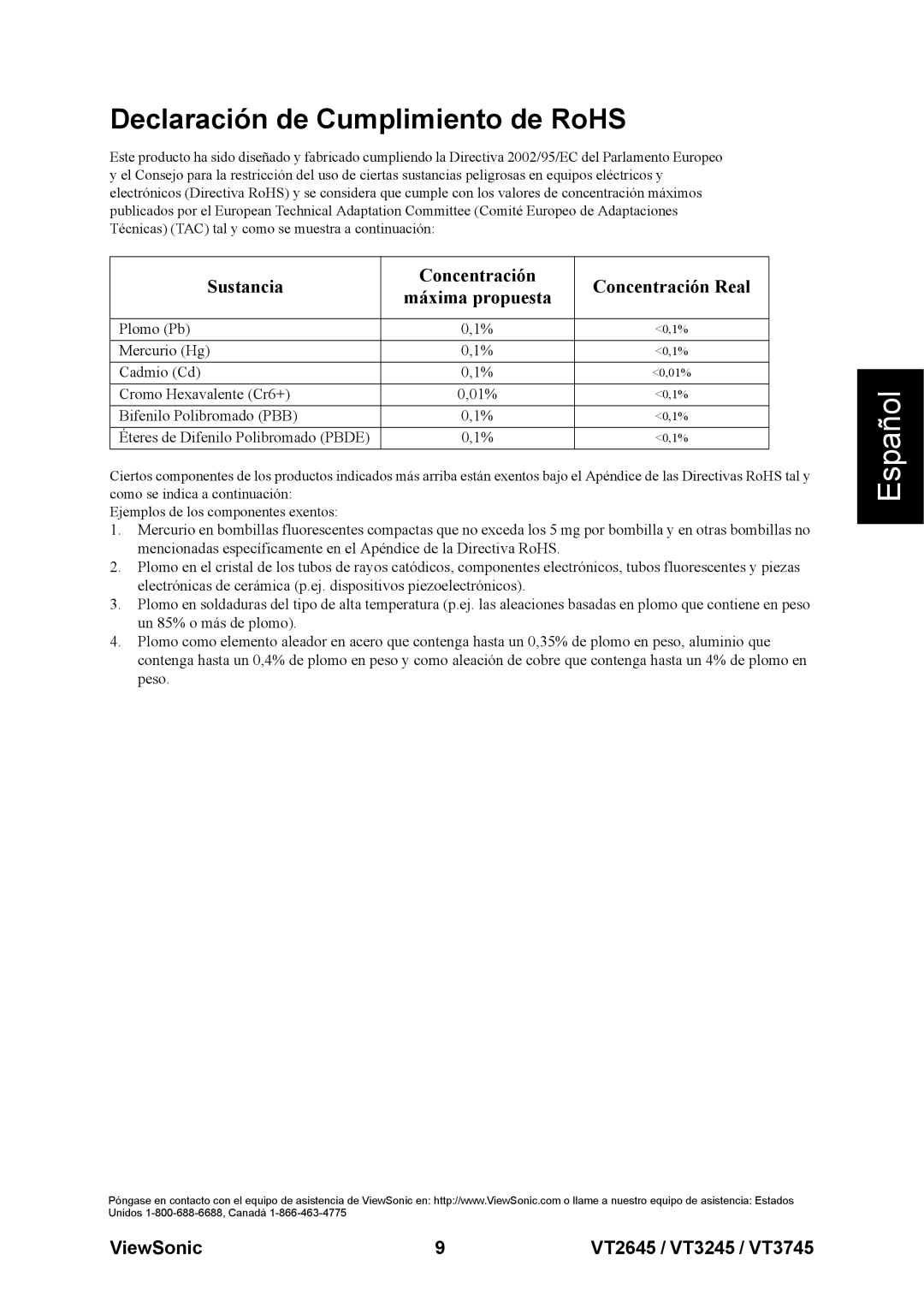 ViewSonic VT3245, VT2645 Declaración de Cumplimiento de RoHS, Sustancia Concentración Concentración Real Máxima propuesta 