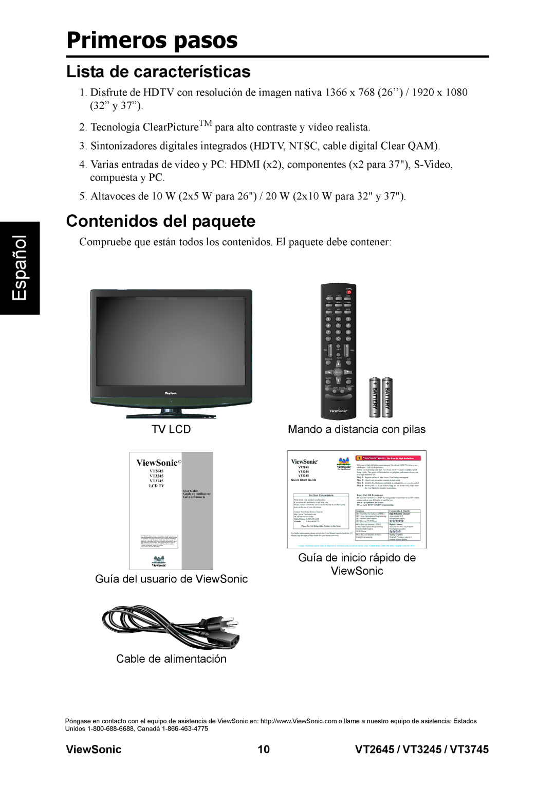 ViewSonic VT2645, VT3245, VT3745 warranty Lista de características, Contenidos del paquete 