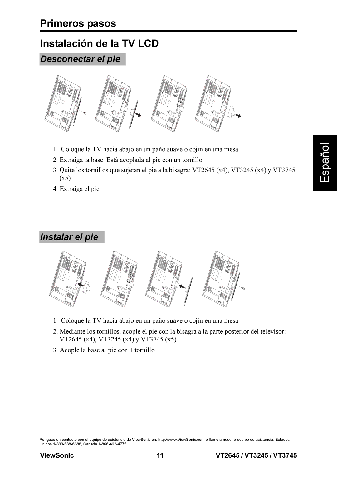 ViewSonic VT3745, VT3245, VT2645 warranty Primeros pasos Instalación de la TV LCD, Desconectar el pie, Instalar el pie 