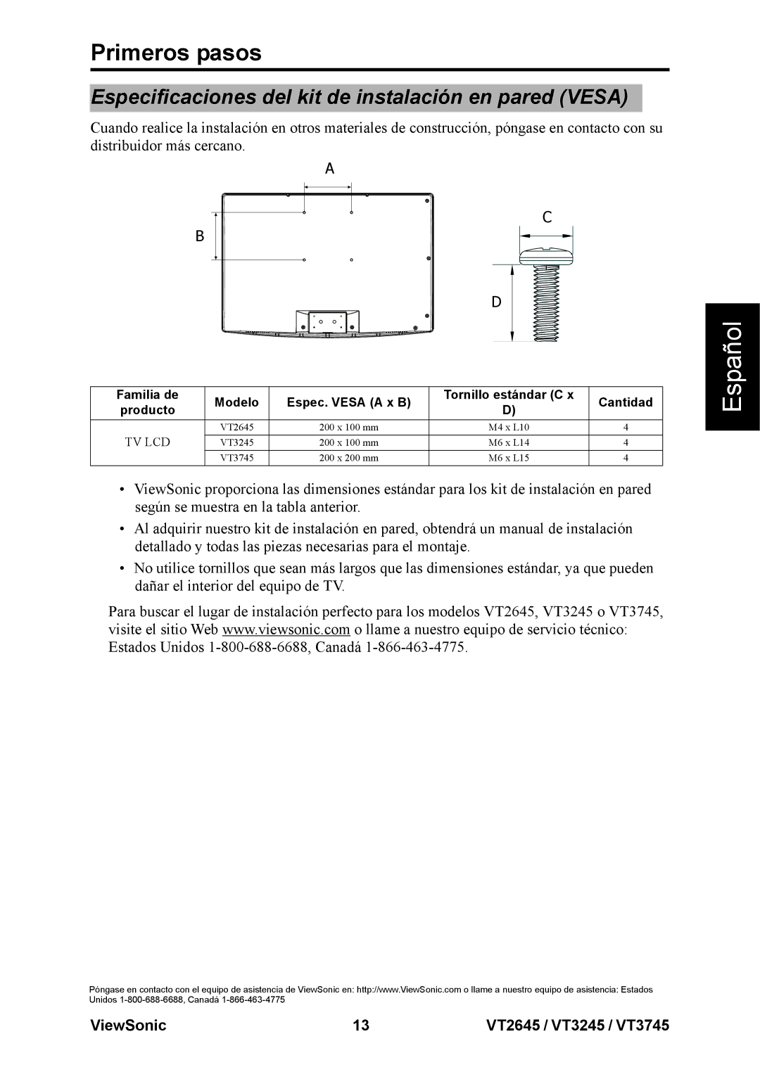 ViewSonic VT2645, VT3245, VT3745 warranty Especificaciones del kit de instalación en pared Vesa 