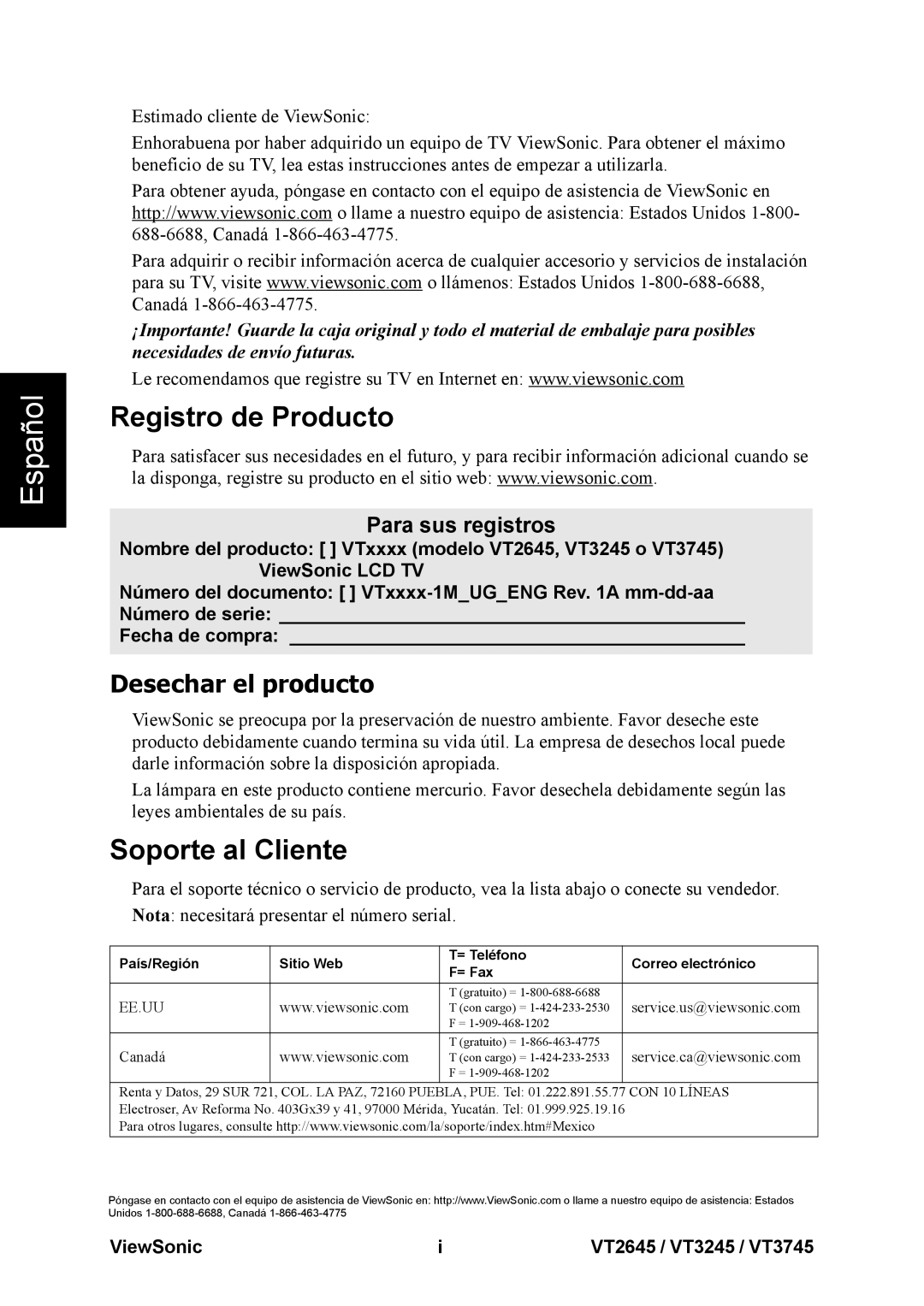 ViewSonic VT3745, VT3245, VT2645 warranty Registro de Producto, Soporte al Cliente, ViewSonic 