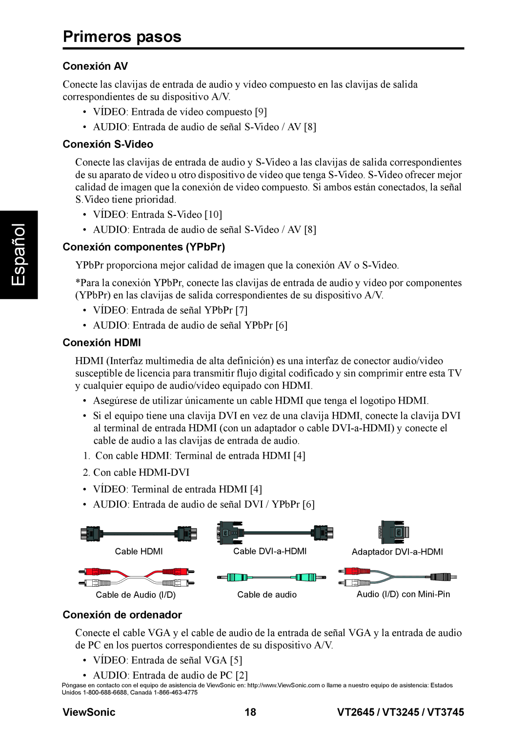 ViewSonic VT3245, VT2645 Conexión AV, Conexión S-Video, Conexión componentes YPbPr, Conexión Hdmi, Conexión de ordenador 