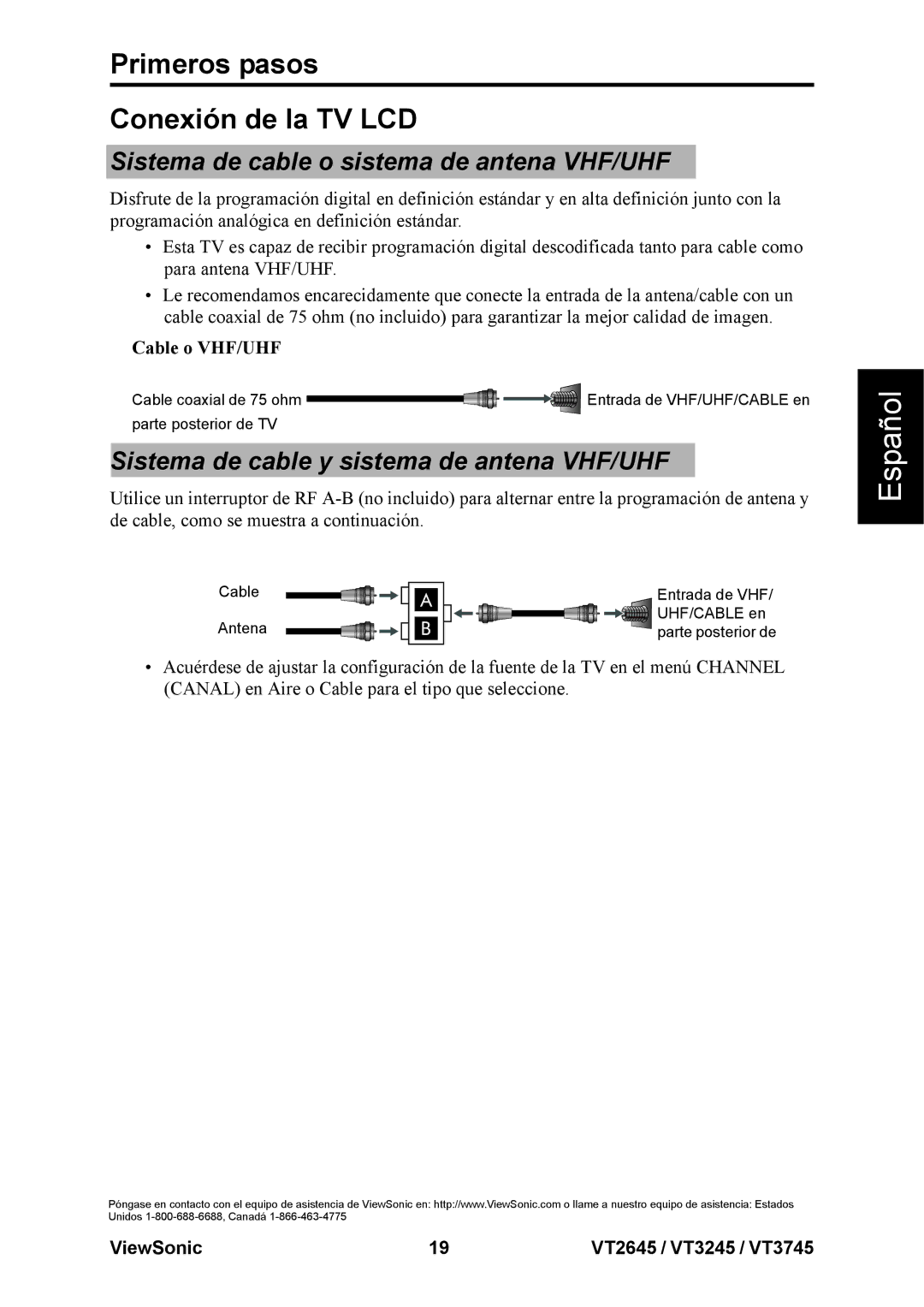 ViewSonic VT2645 Primeros pasos Conexión de la TV LCD, Sistema de cable o sistema de antena VHF/UHF, Cable o VHF/UHF 