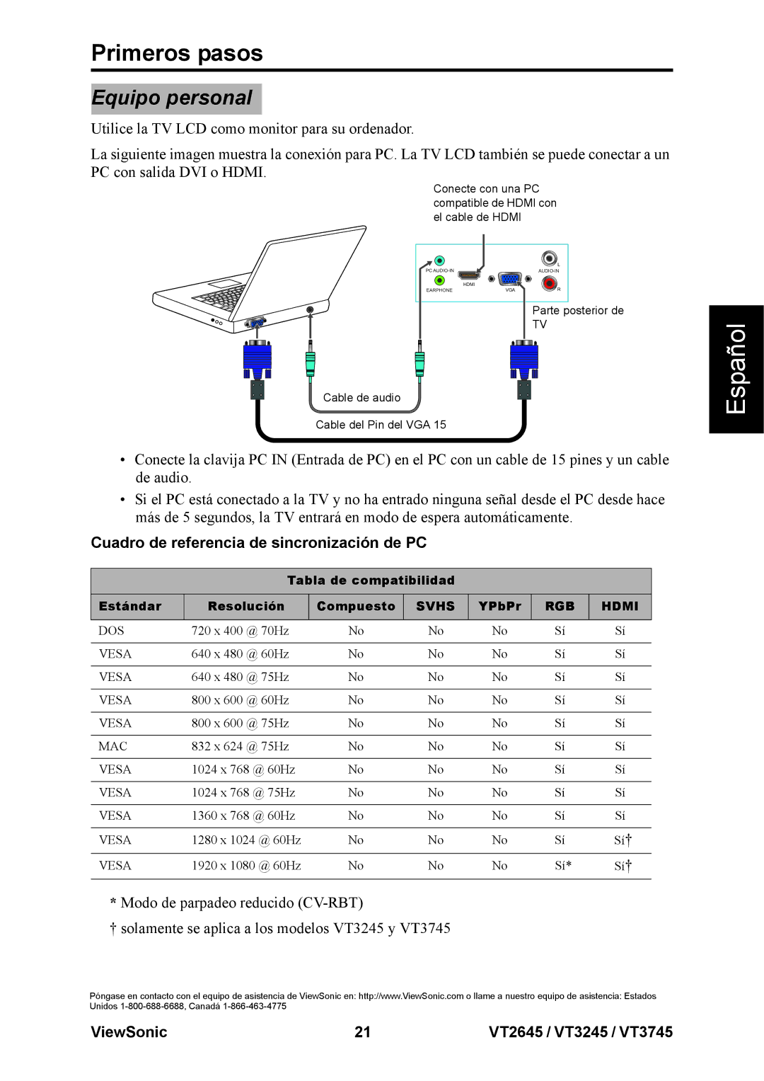 ViewSonic VT3245, VT2645, VT3745 warranty Equipo personal, Cuadro de referencia de sincronización de PC, YPbPr 