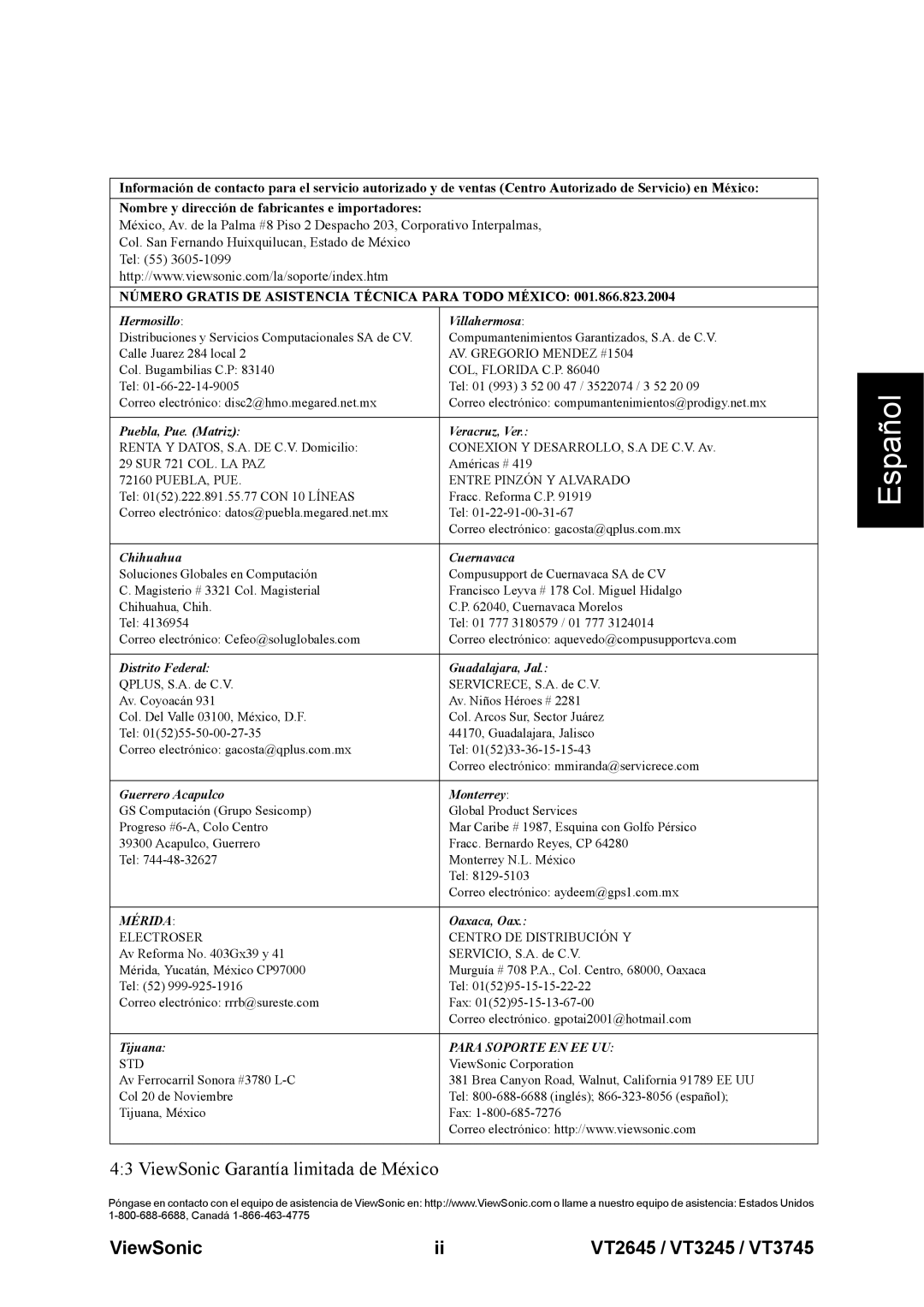 ViewSonic VT3245, VT2645, VT3745 warranty ViewSonic Garantía limitada de México 