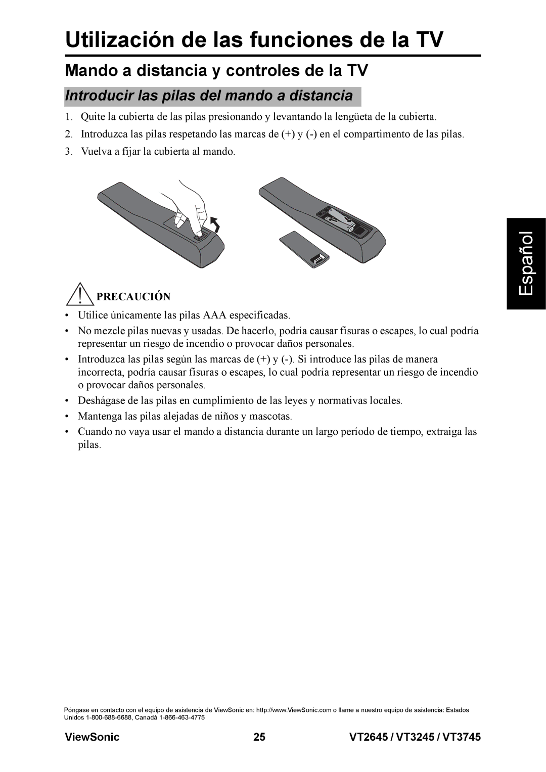 ViewSonic VT2645, VT3245, VT3745 warranty Mando a distancia y controles de la TV, Introducir las pilas del mando a distancia 