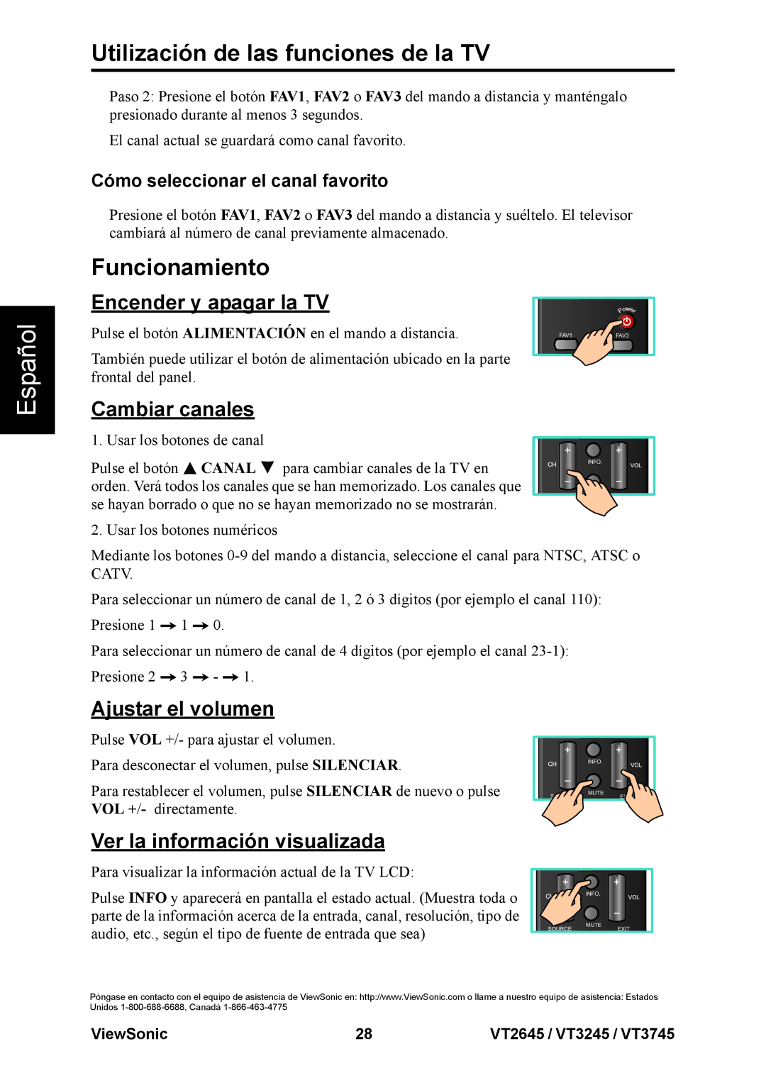 ViewSonic VT2645, VT3245, VT3745 warranty Funcionamiento, Encender y apagar la TV, Cambiar canales, Ajustar el volumen 