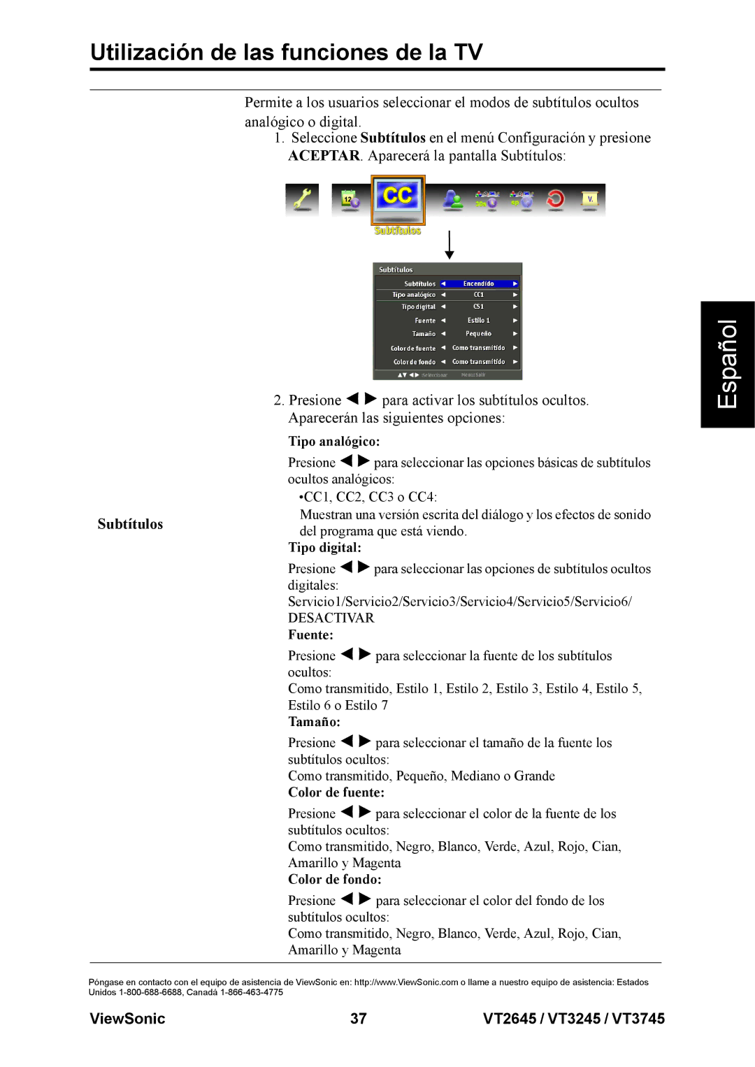 ViewSonic VT2645, VT3245, VT3745 warranty Tipo analógico 