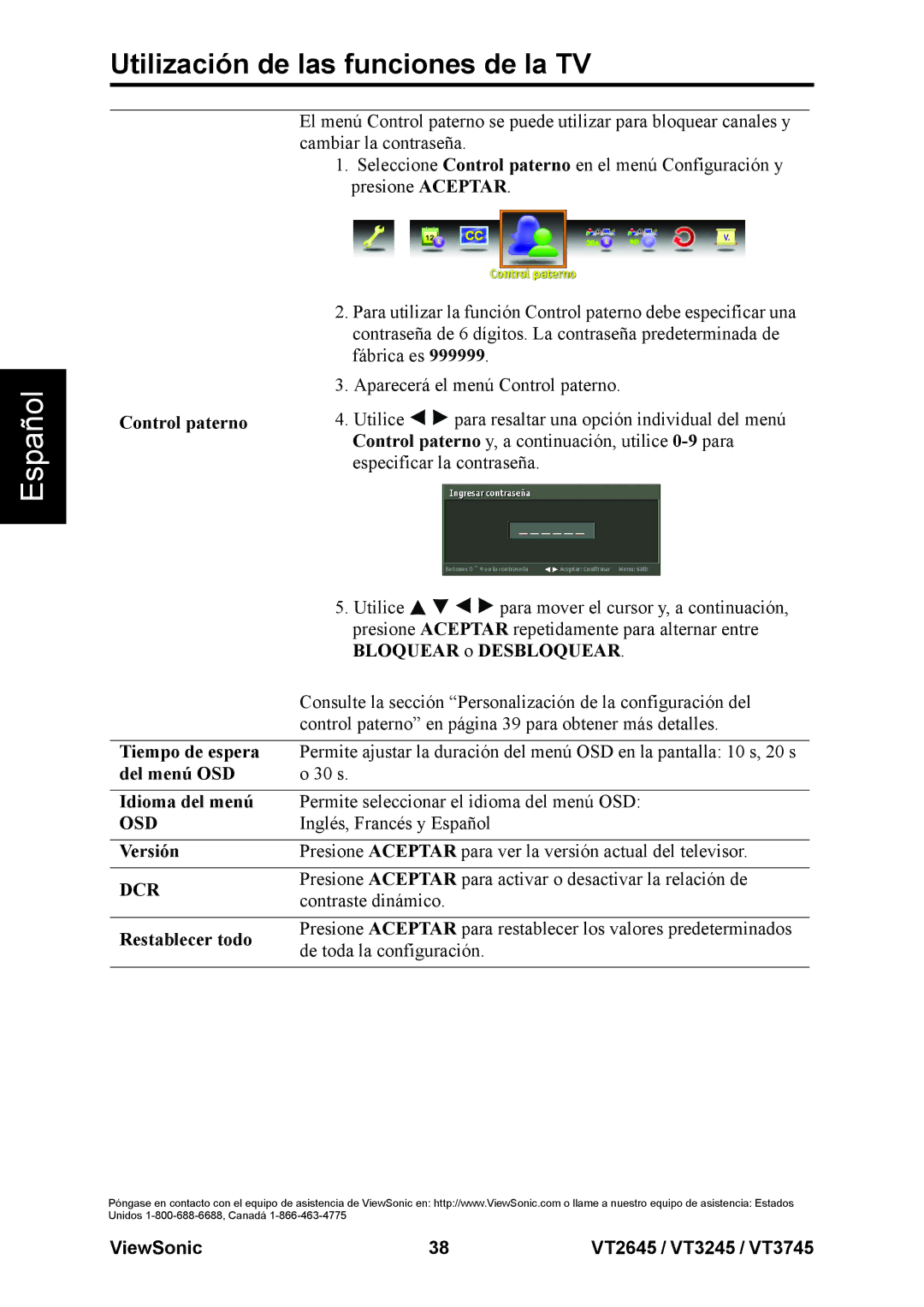 ViewSonic VT3745 Bloquear o Desbloquear, Tiempo de espera, Del menú OSD, Idioma del menú, Versión, Restablecer todo 