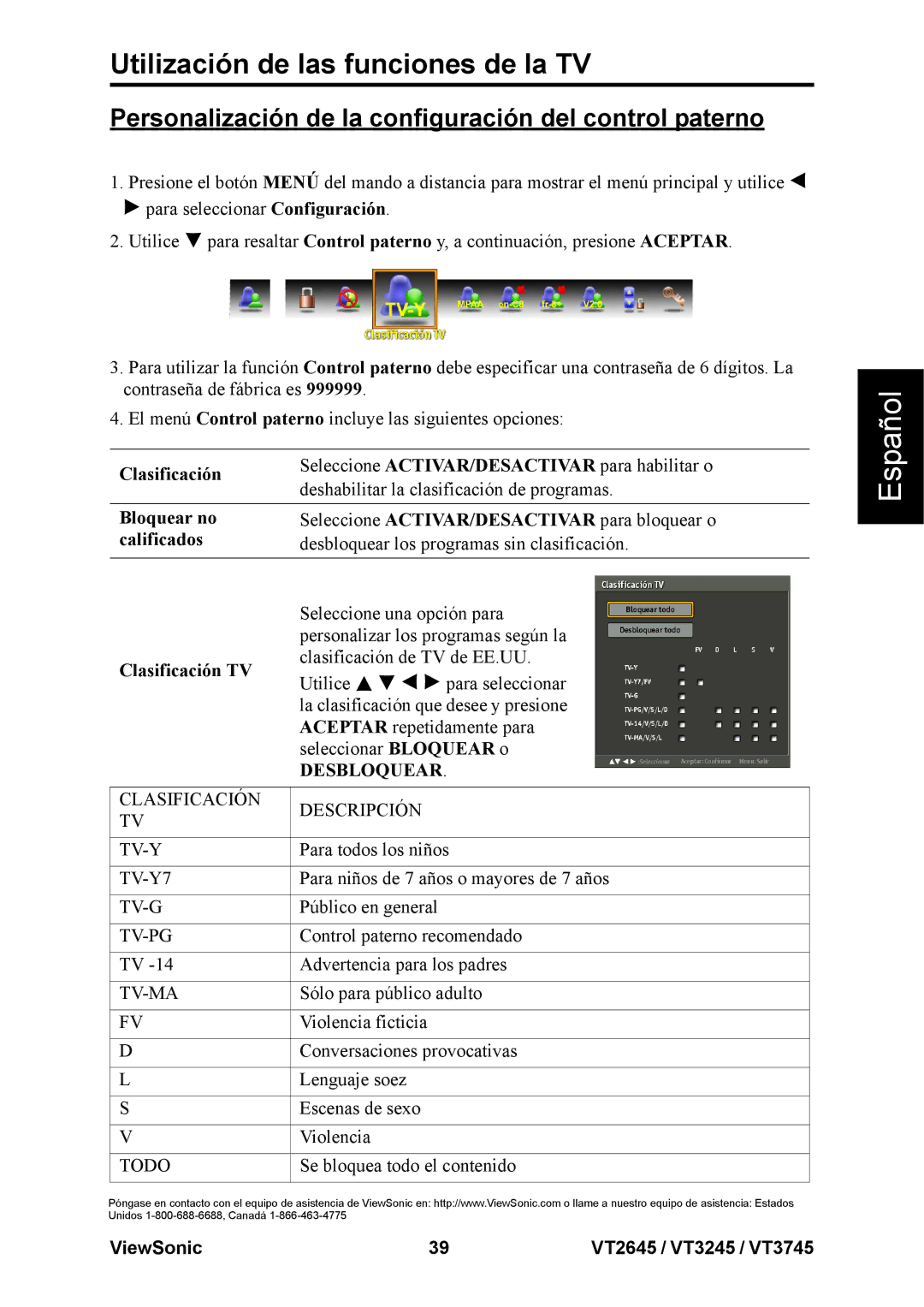 ViewSonic VT3245, VT2645 Personalización de la configuración del control paterno, Clasificación, Bloquear no, Calificados 