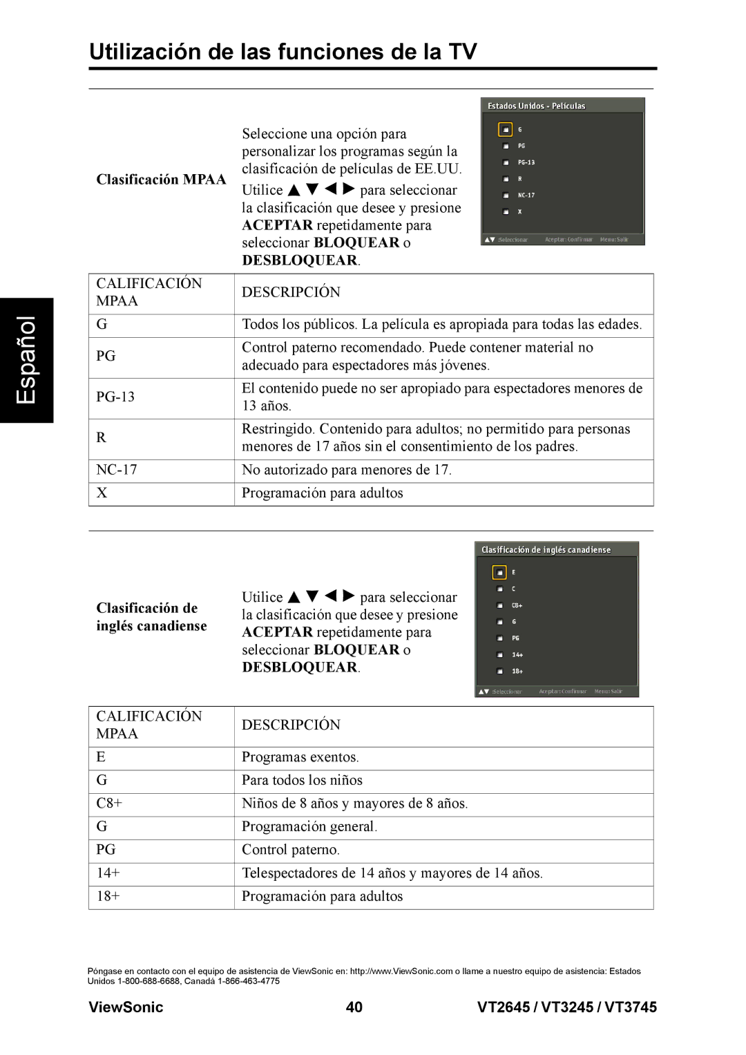 ViewSonic VT2645, VT3245, VT3745 warranty Clasificación Mpaa, Clasificación de, Inglés canadiense 