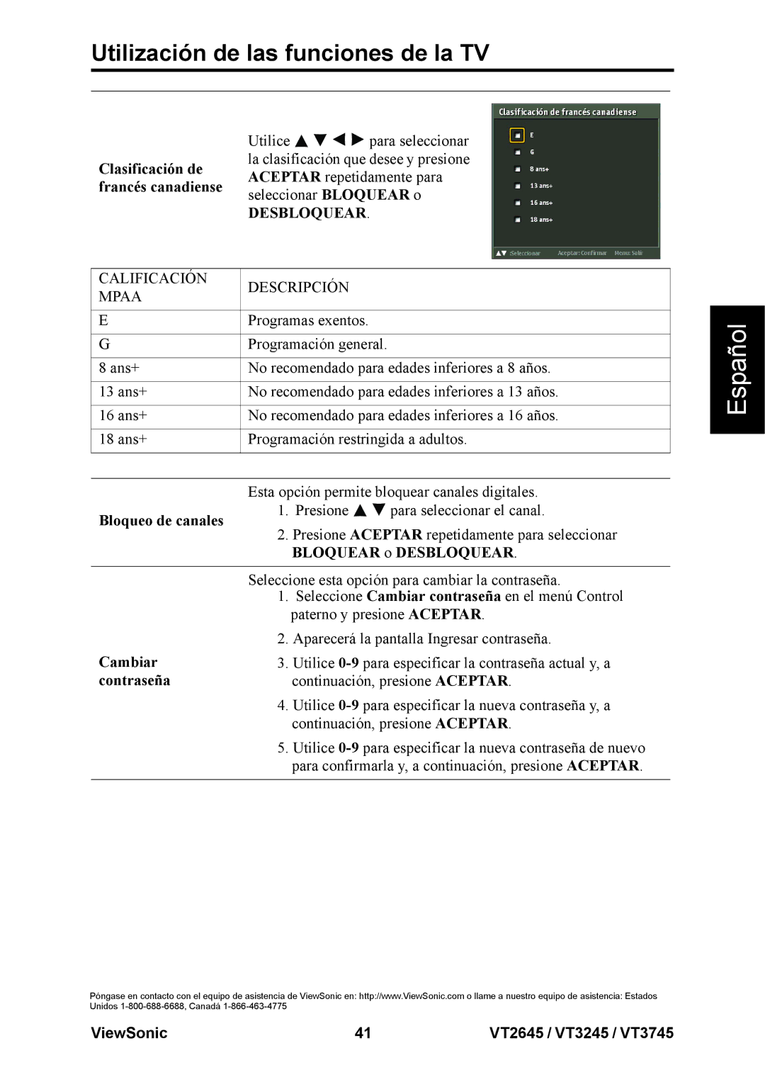 ViewSonic VT3745, VT3245, VT2645 warranty Francés canadiense, Bloqueo de canales, Cambiar, Contraseña 