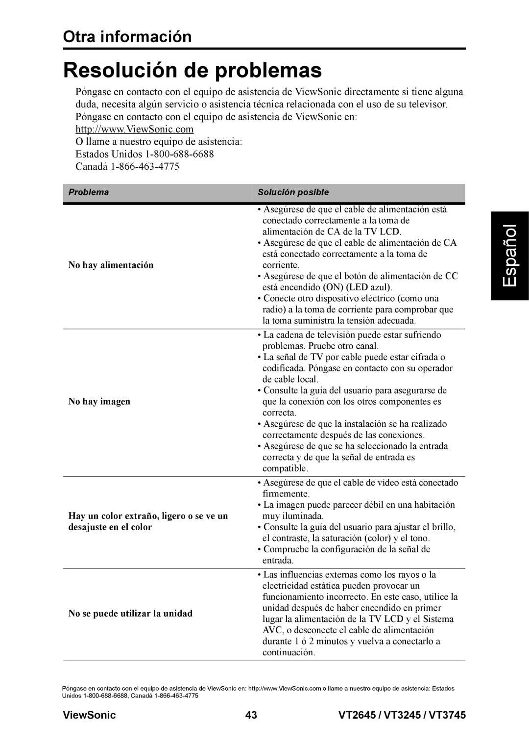 ViewSonic VT2645, VT3245, VT3745 warranty Resolución de problemas, Otra información 