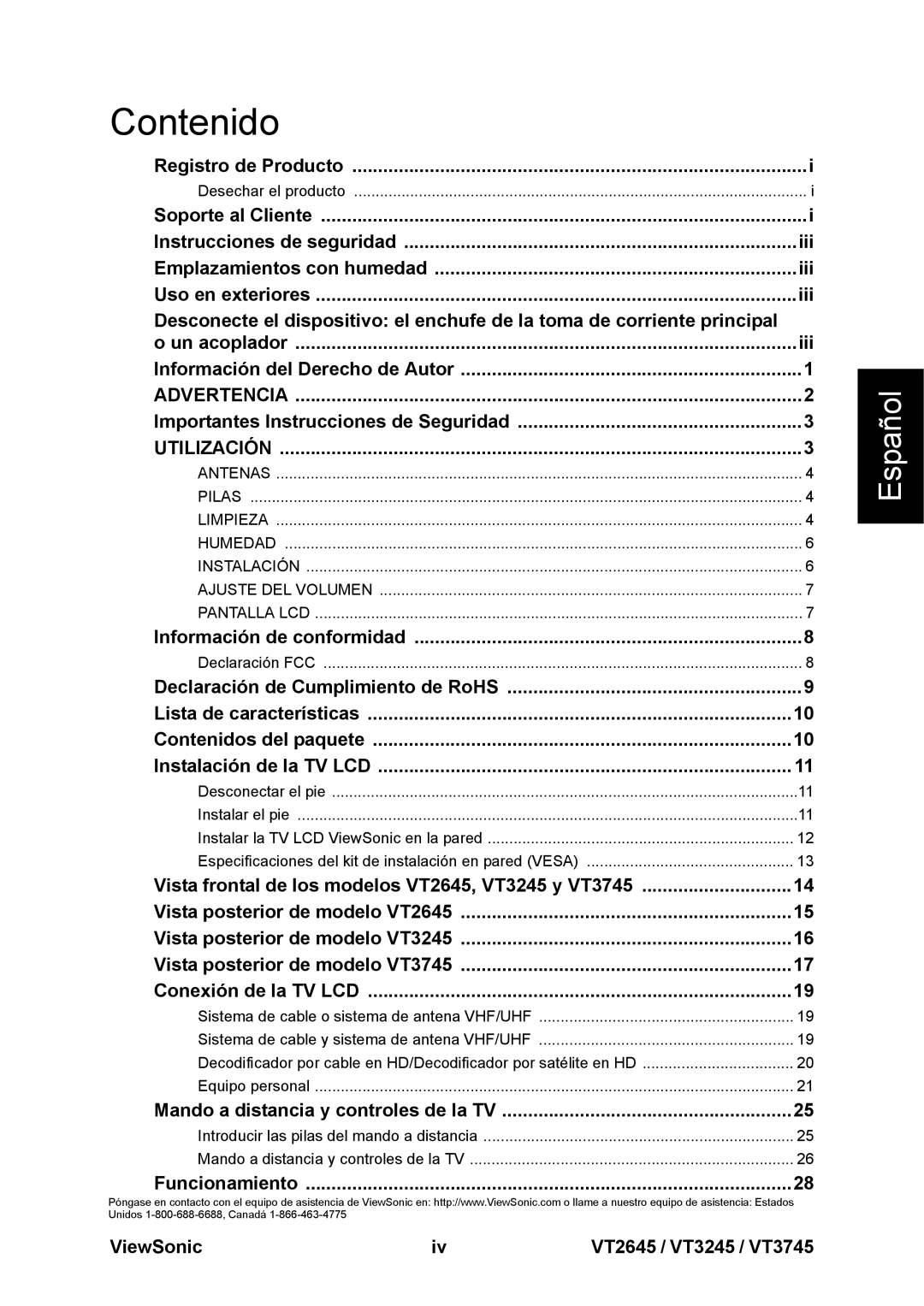 ViewSonic VT3745, VT3245, VT2645 warranty Advertencia, Utilización 