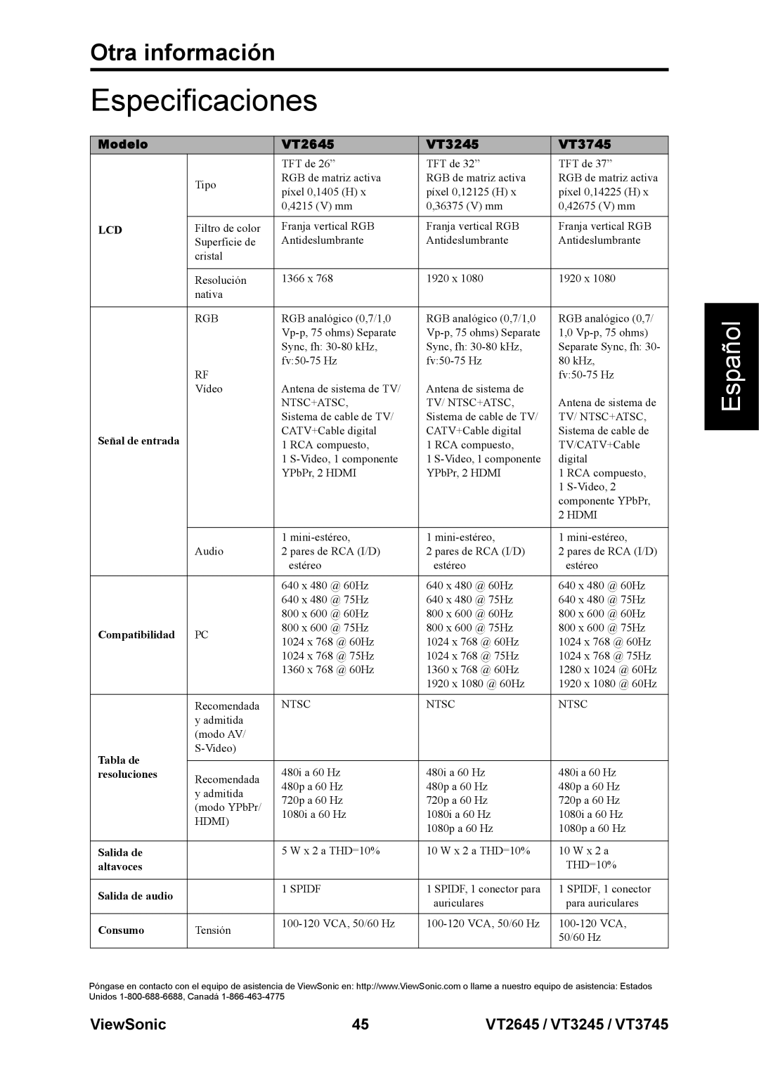 ViewSonic warranty Especificaciones, Modelo VT2645 VT3245 VT3745 