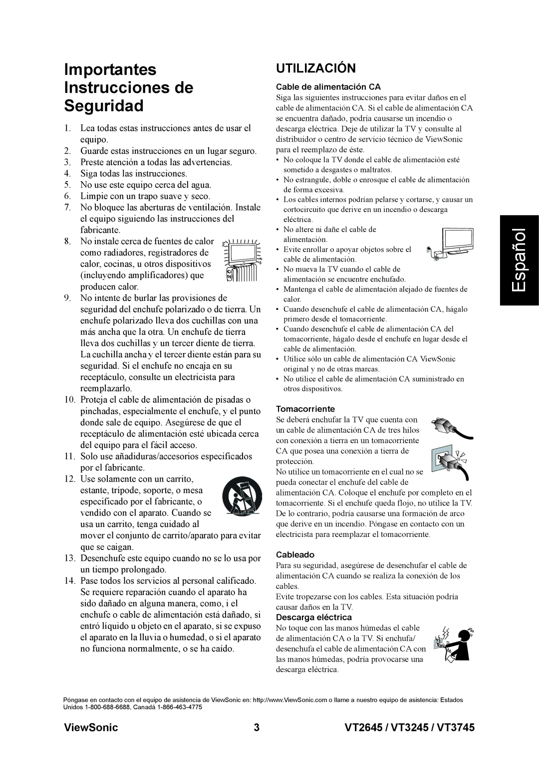 ViewSonic VT3245, VT2645, VT3745 Importantes Instrucciones de Seguridad, Cable de alimentación CA, Tomacorriente, Cableado 