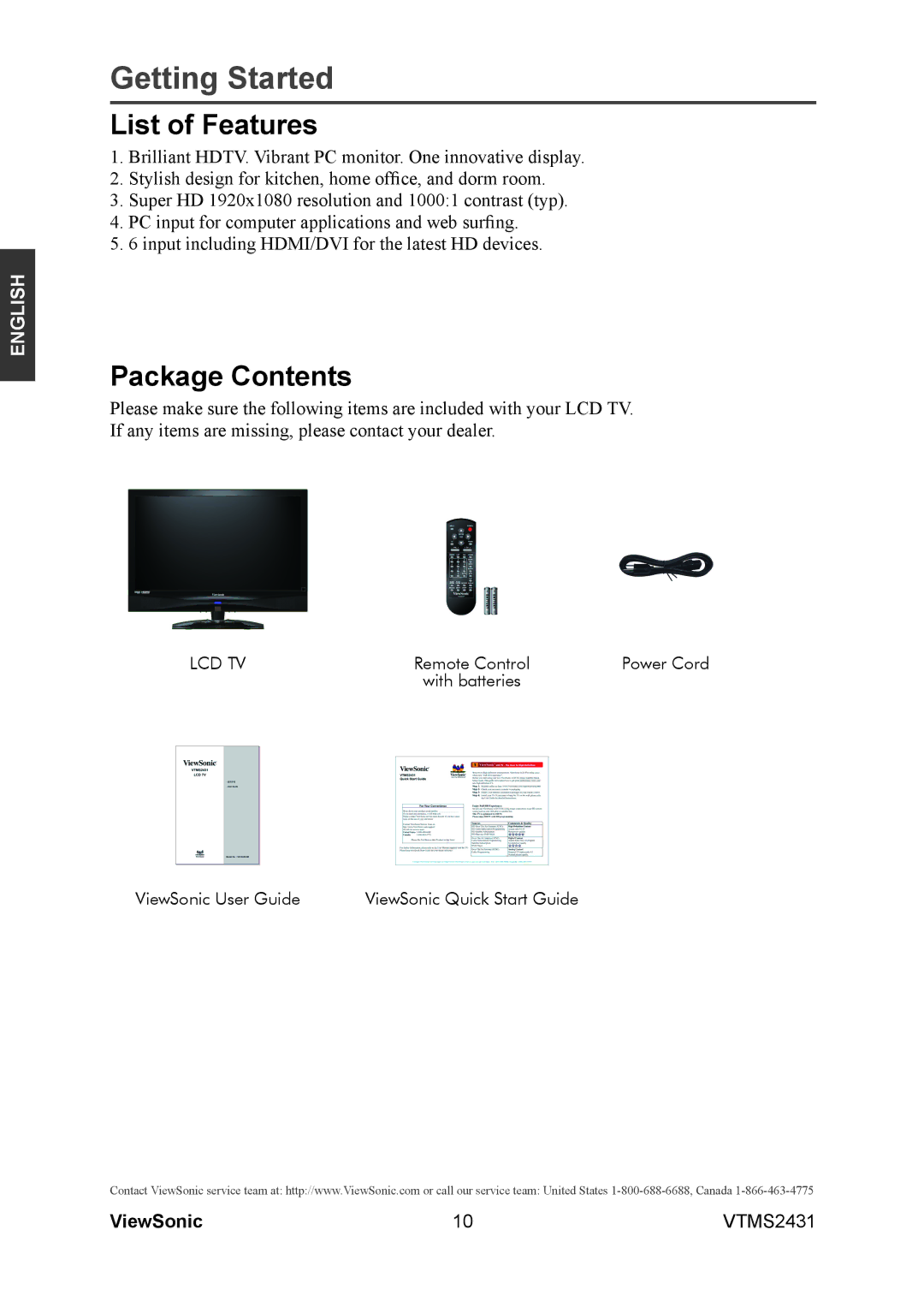 ViewSonic VTMS2431 warranty List of Features, Package Contents 