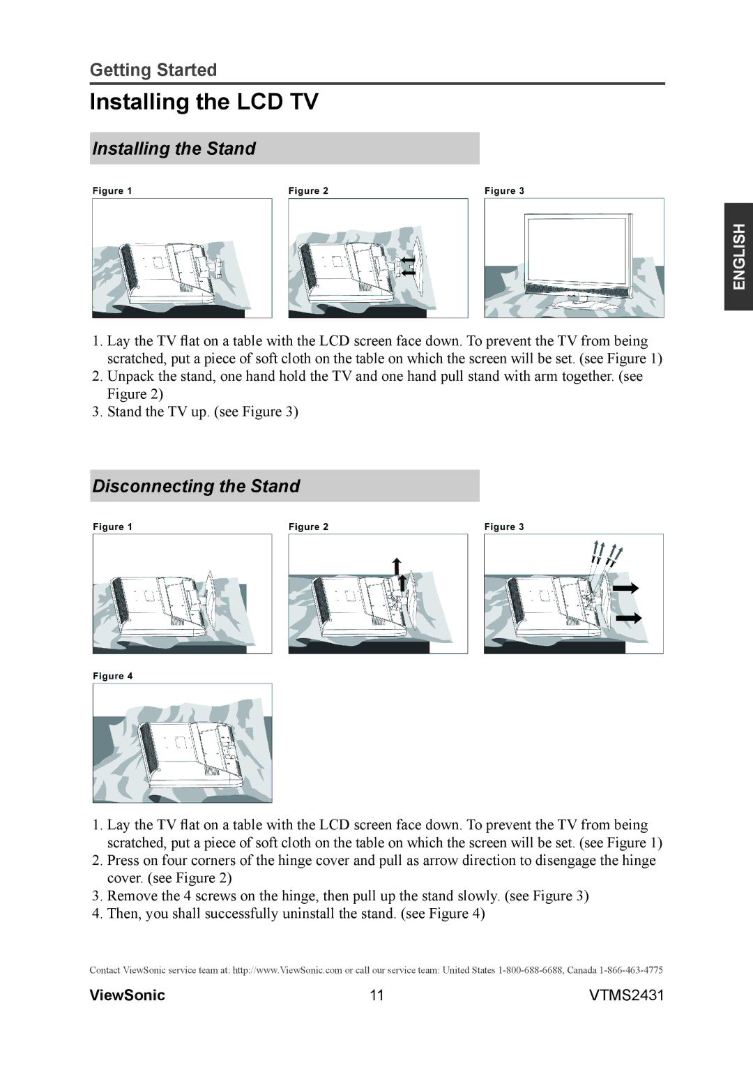 ViewSonic VTMS2431 warranty Installing the LCD TV, Installing the Stand, Disconnecting the Stand 