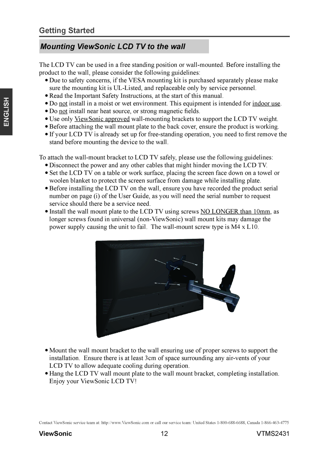 ViewSonic VTMS2431 warranty Mounting ViewSonic LCD TV to the wall 