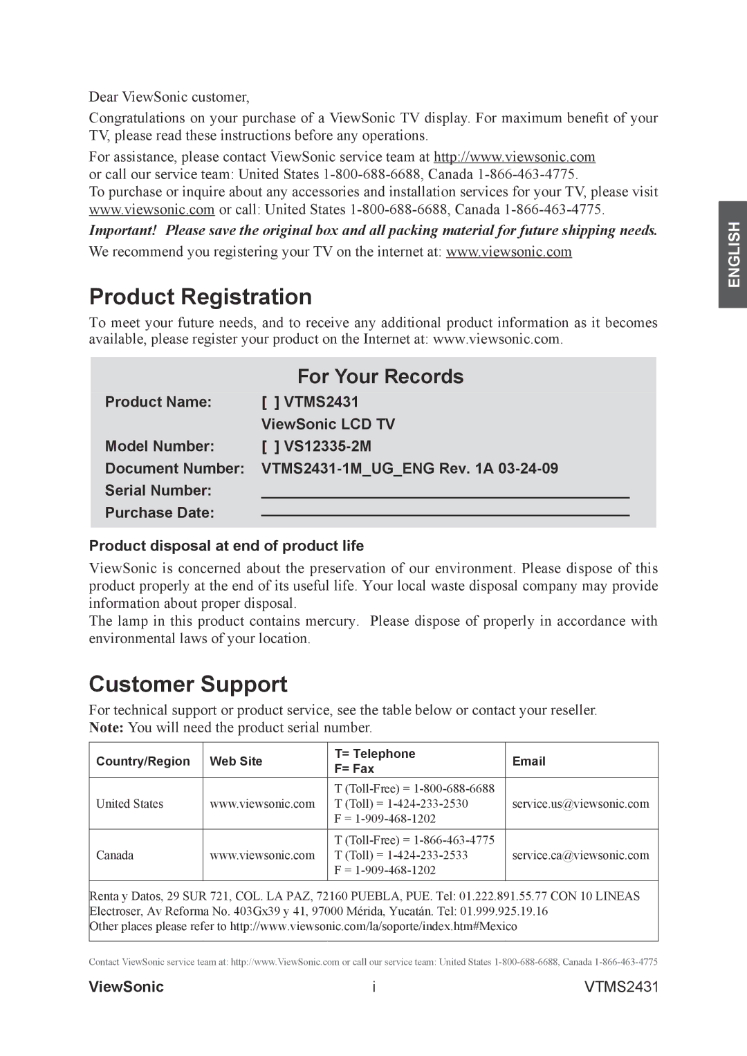 ViewSonic VTMS2431 warranty Product Registration, Customer Support, ViewSonic 