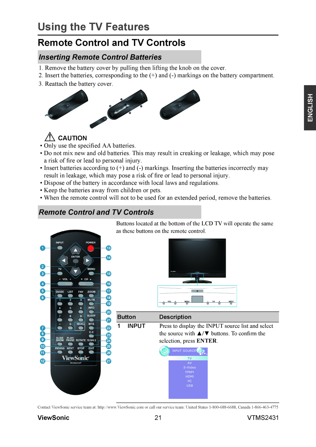 ViewSonic VTMS2431 warranty Remote Control and TV Controls, Inserting Remote Control Batteries, Button Description 