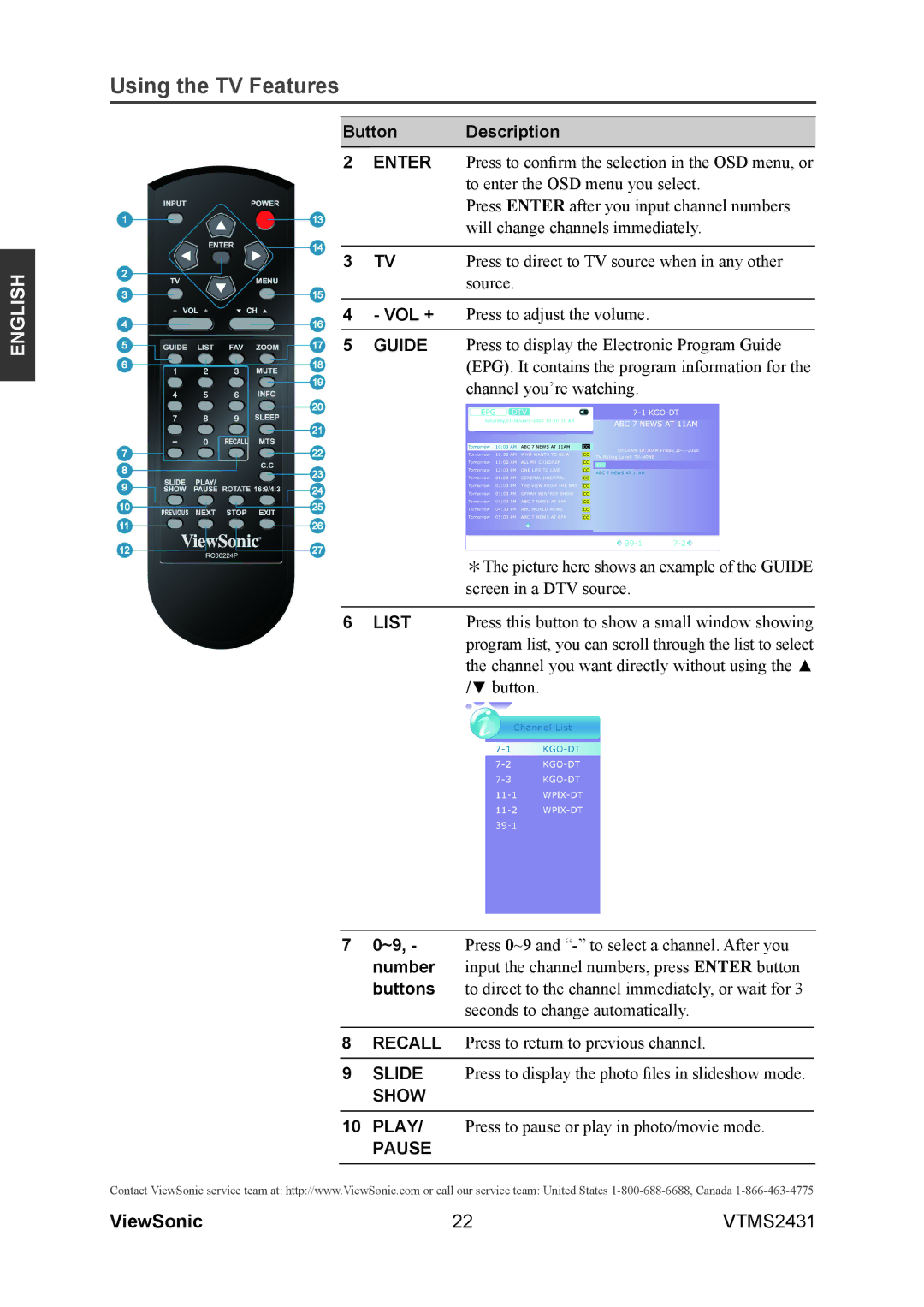 ViewSonic VTMS2431 warranty Number, Buttons 