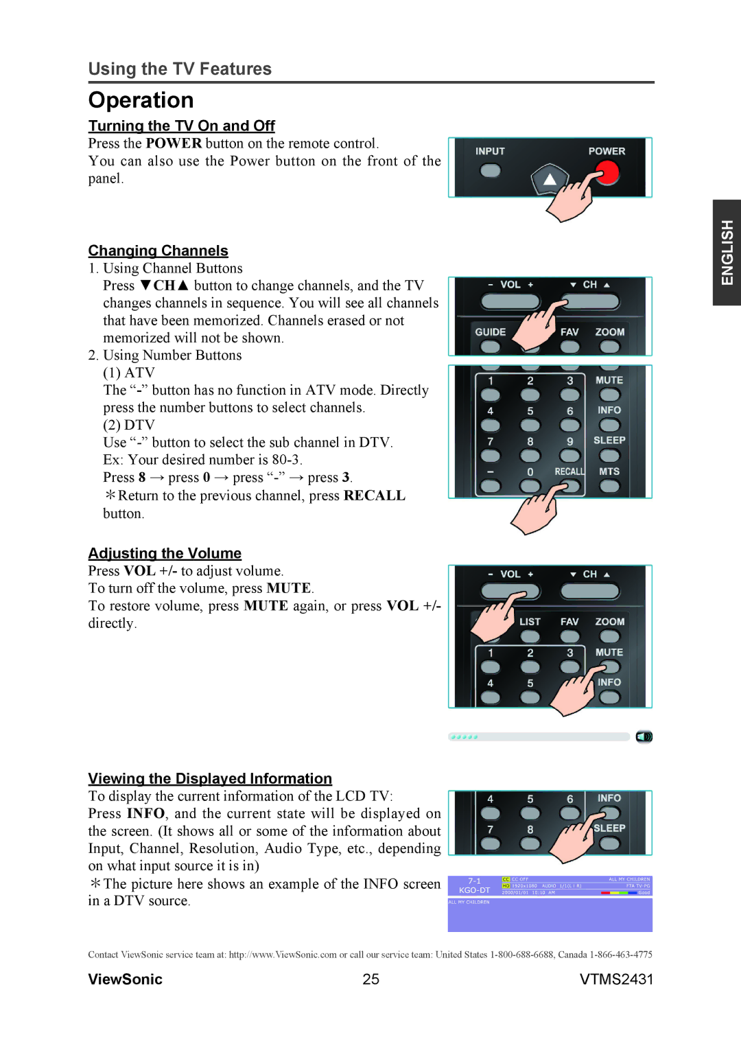 ViewSonic VTMS2431 warranty Operation, Turning the TV On and Off, Changing Channels, Adjusting the Volume 