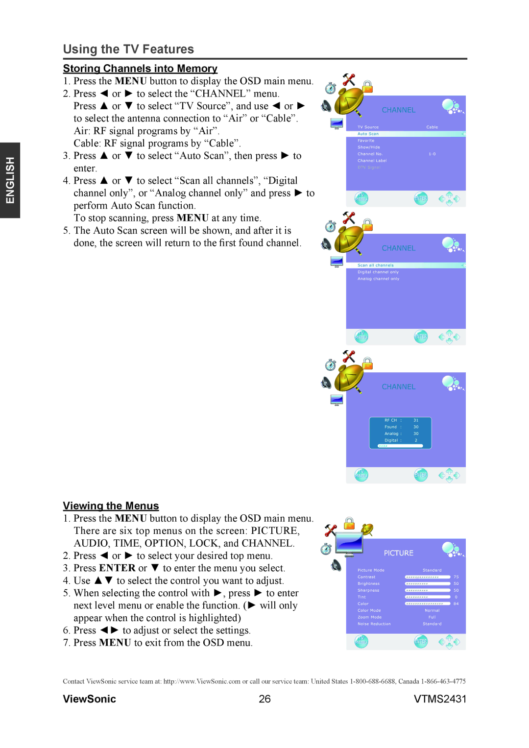 ViewSonic VTMS2431 warranty Storing Channels into Memory, Viewing the Menus 