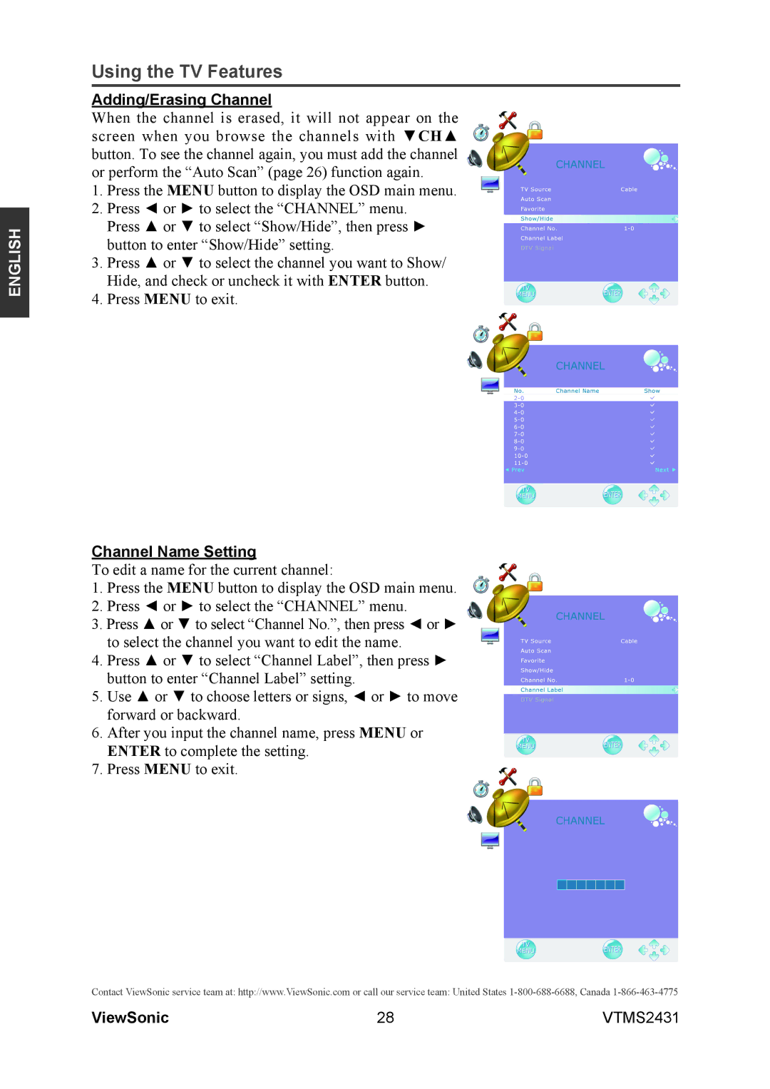 ViewSonic VTMS2431 warranty Adding/Erasing Channel, Channel Name Setting 